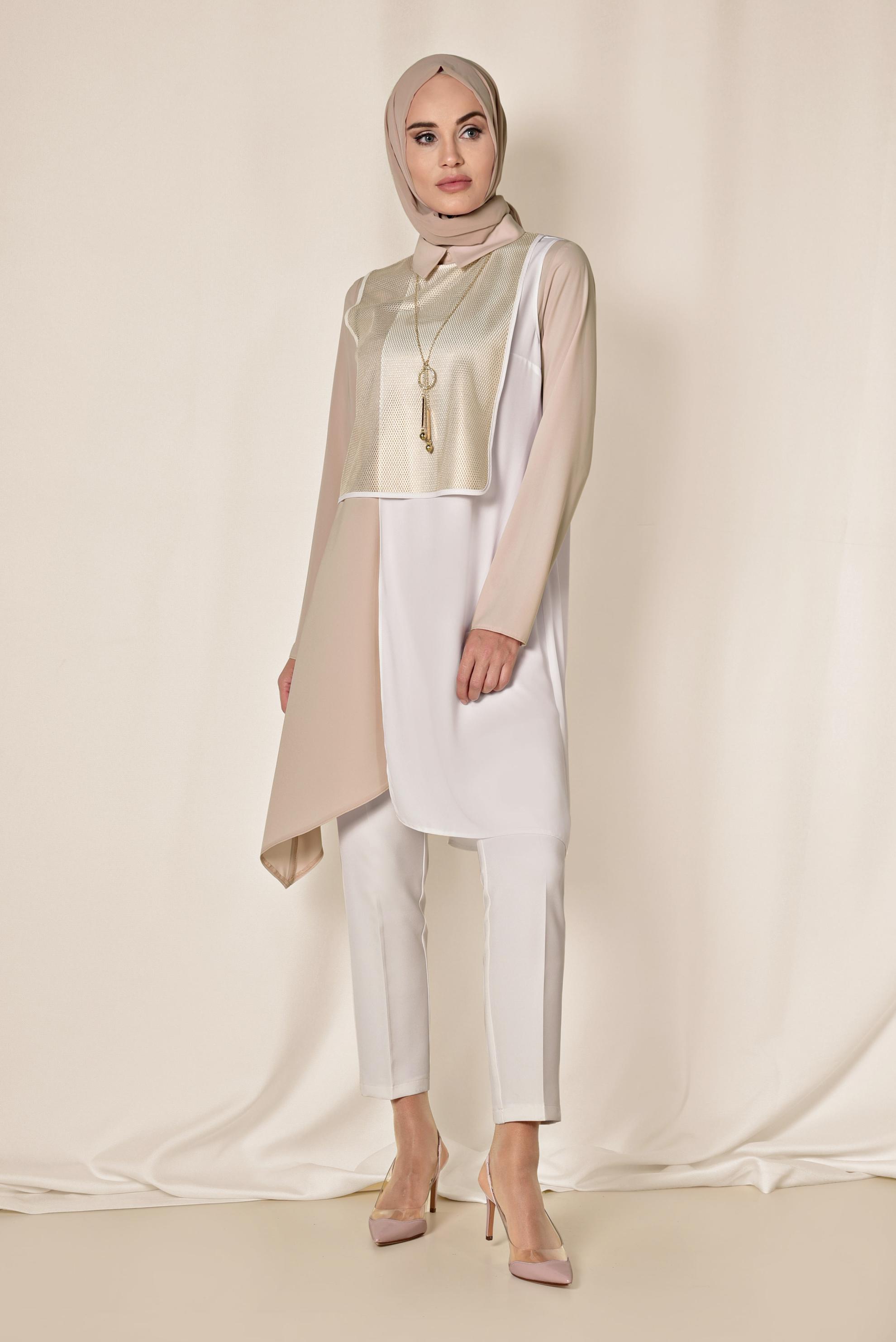 Tesettür giyim BEYAZ FİLE DETAYLI ASİMETRİK ÜÇLÜ PANTOLONLU TAKIM 3520