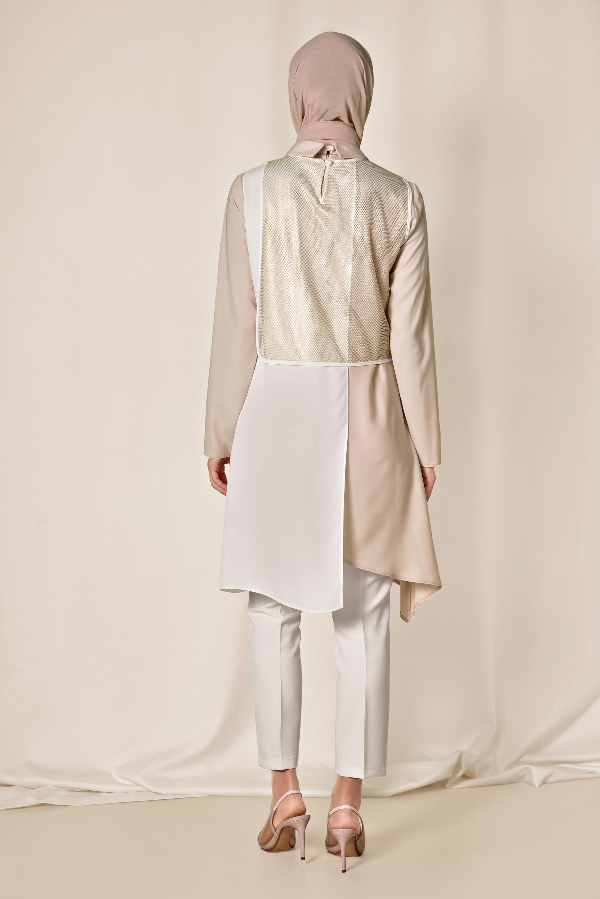 Tesettür giyim BEYAZ FİLE DETAYLI ASİMETRİK ÜÇLÜ PANTOLONLU TAKIM 3520