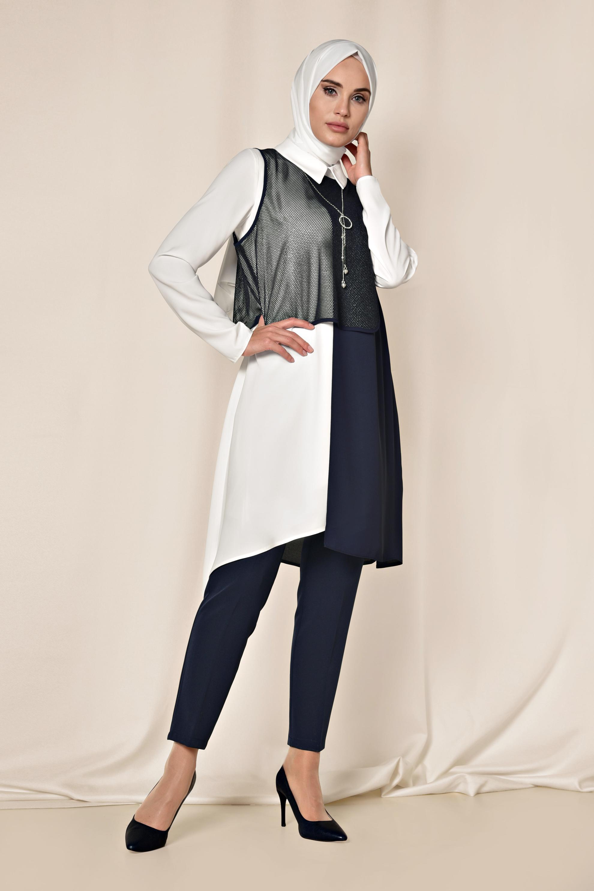 Tesettür giyim LACİVERT FİLE DETAYLI ASİMETRİK ÜÇLÜ PANTOLONLU TAKIM 3520