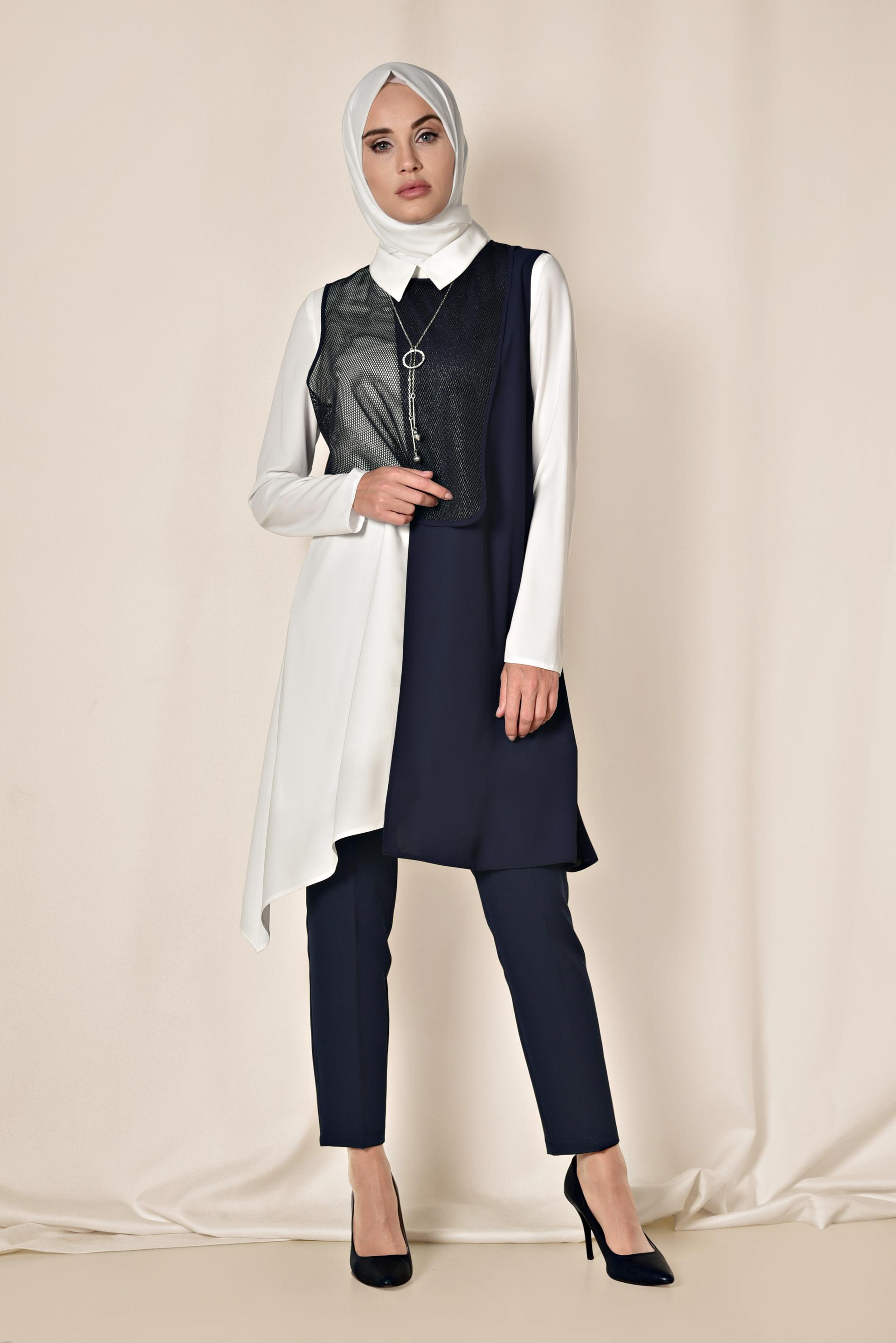 Tesettür giyim LACİVERT FİLE DETAYLI ASİMETRİK ÜÇLÜ PANTOLONLU TAKIM 3520