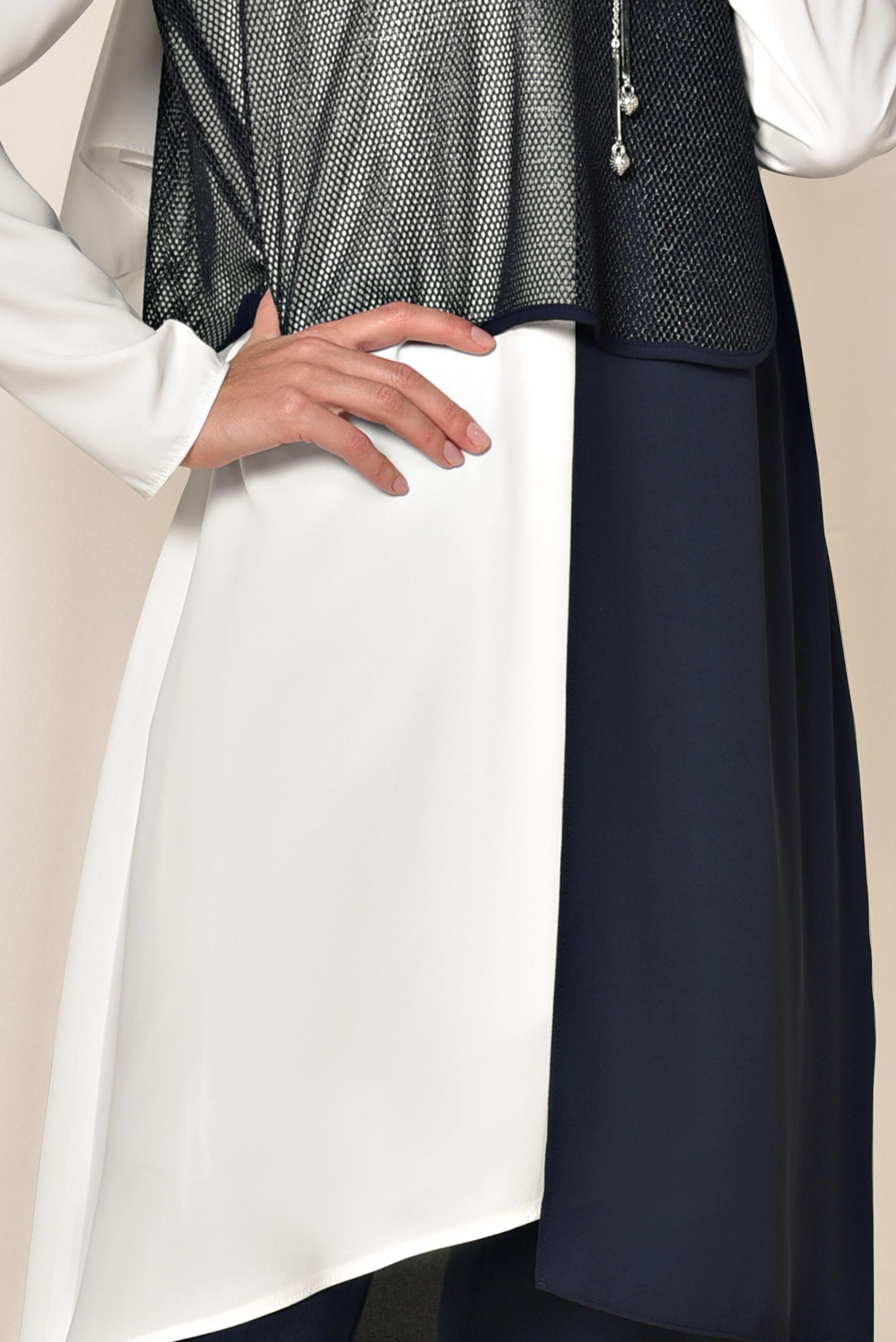 Tesettür giyim LACİVERT FİLE DETAYLI ASİMETRİK ÜÇLÜ PANTOLONLU TAKIM 3520