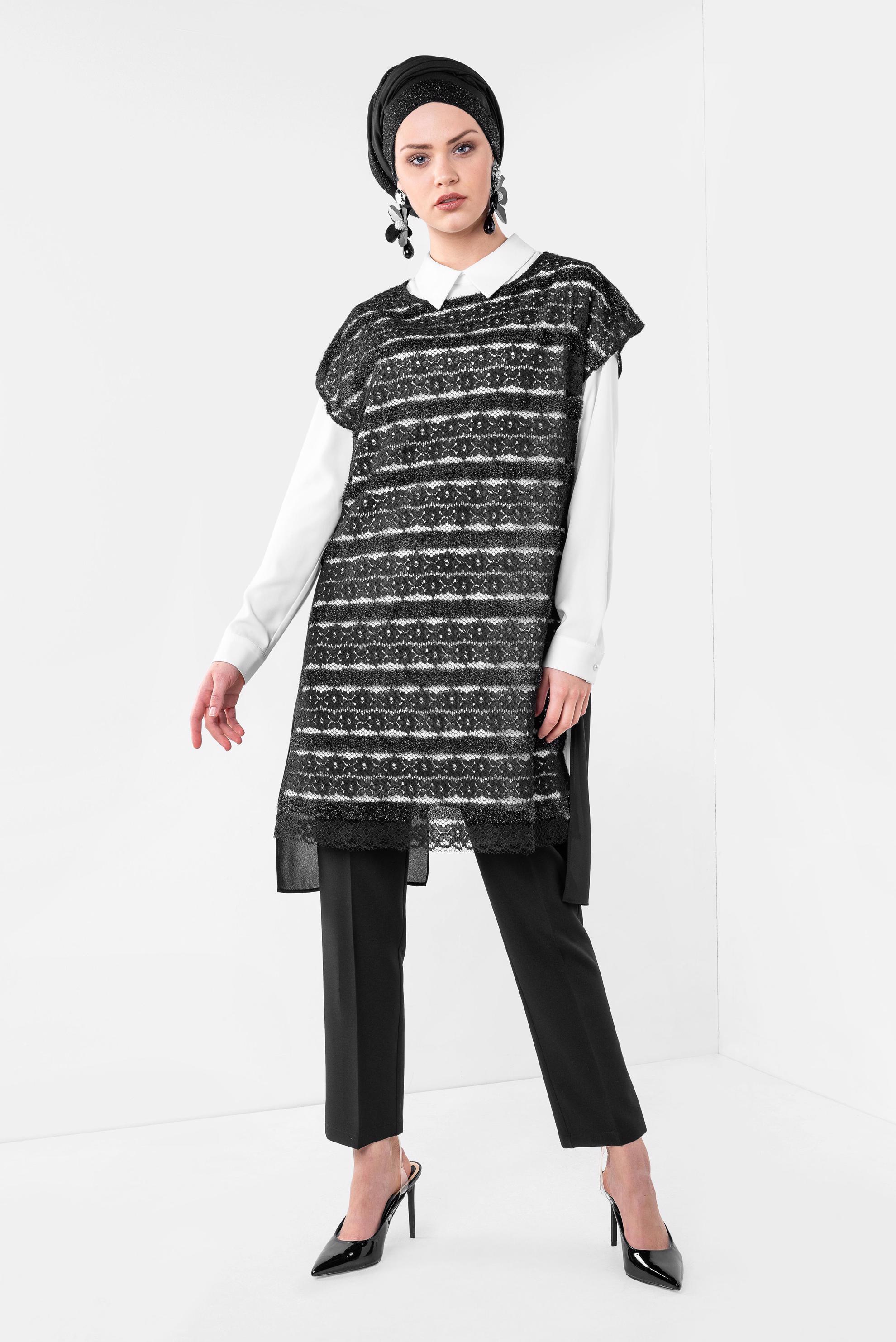 Tesettür giyim SİYAH DANTELLİ ÜÇLÜ PANTOLONLU TAKIM 3521