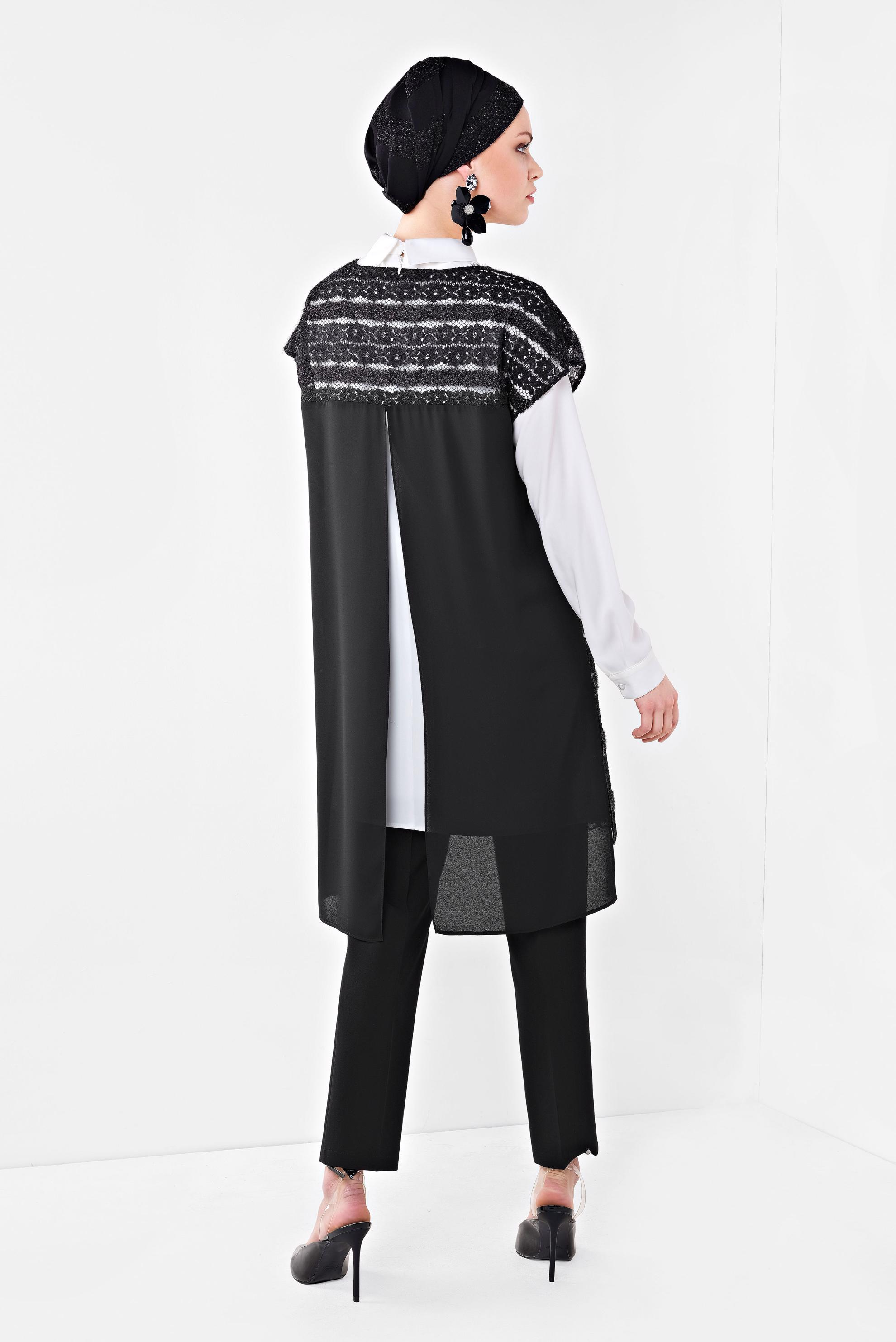 Tesettür giyim SİYAH DANTELLİ ÜÇLÜ PANTOLONLU TAKIM 3521