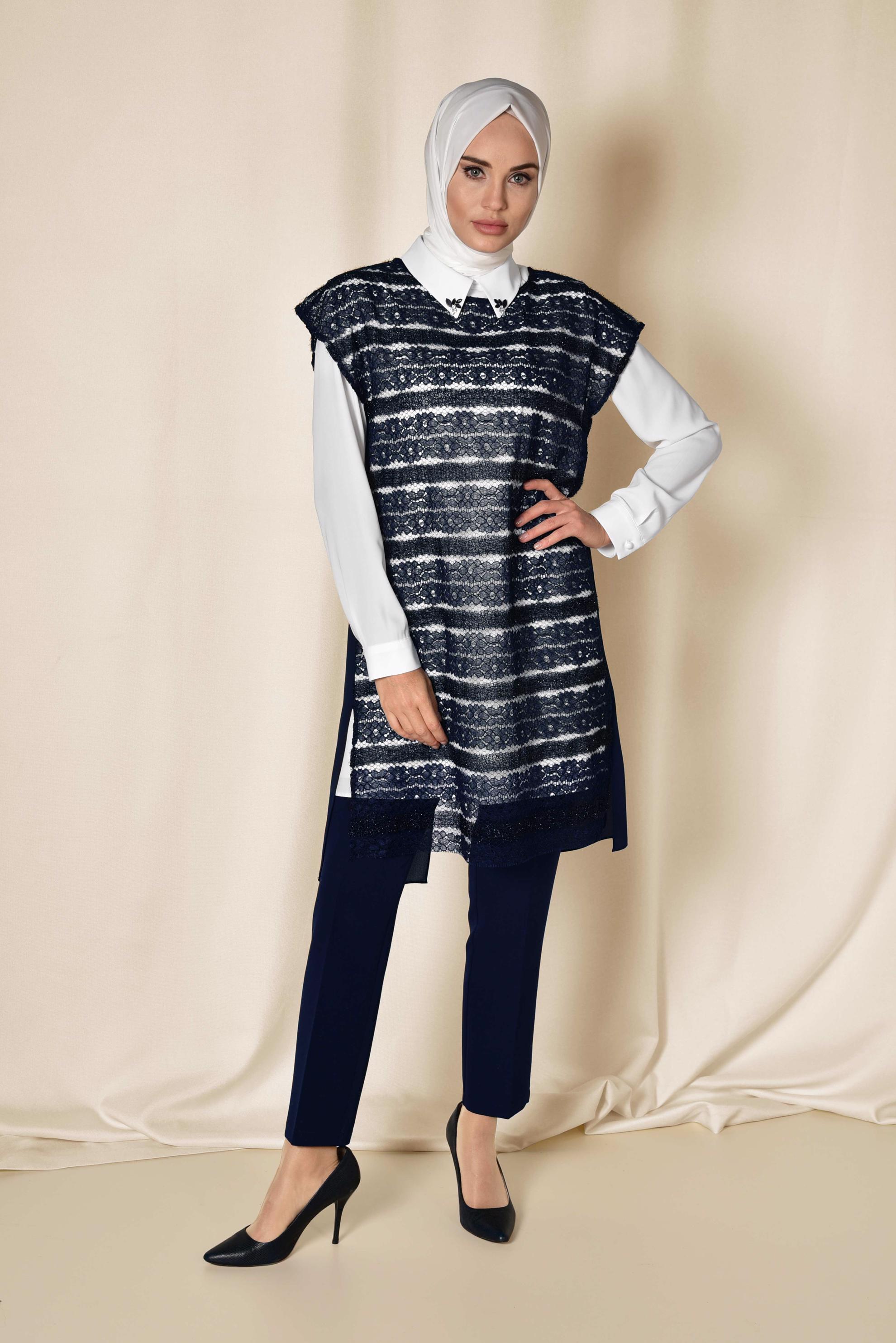 Tesettür giyim LACİVERT DANTELLİ ÜÇLÜ PANTOLONLU TAKIM 3521