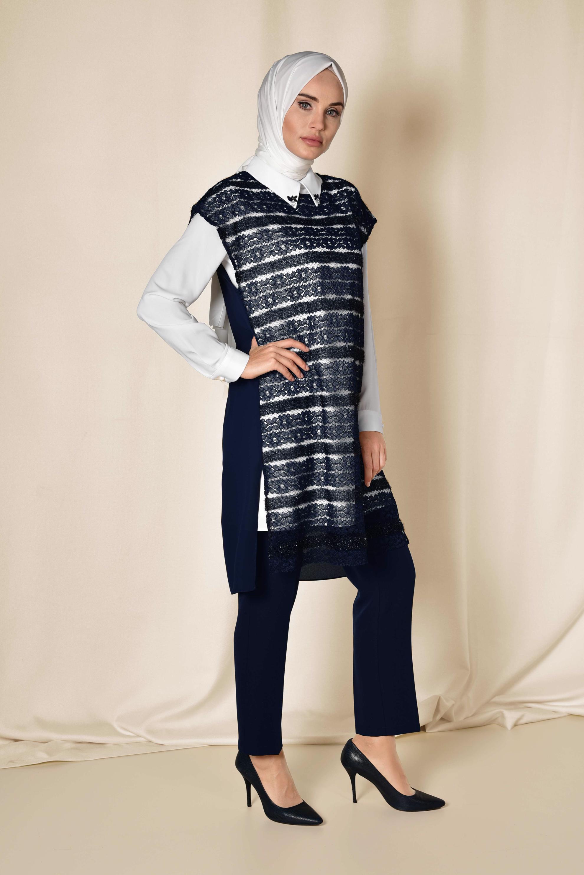 Tesettür giyim LACİVERT DANTELLİ ÜÇLÜ PANTOLONLU TAKIM 3521