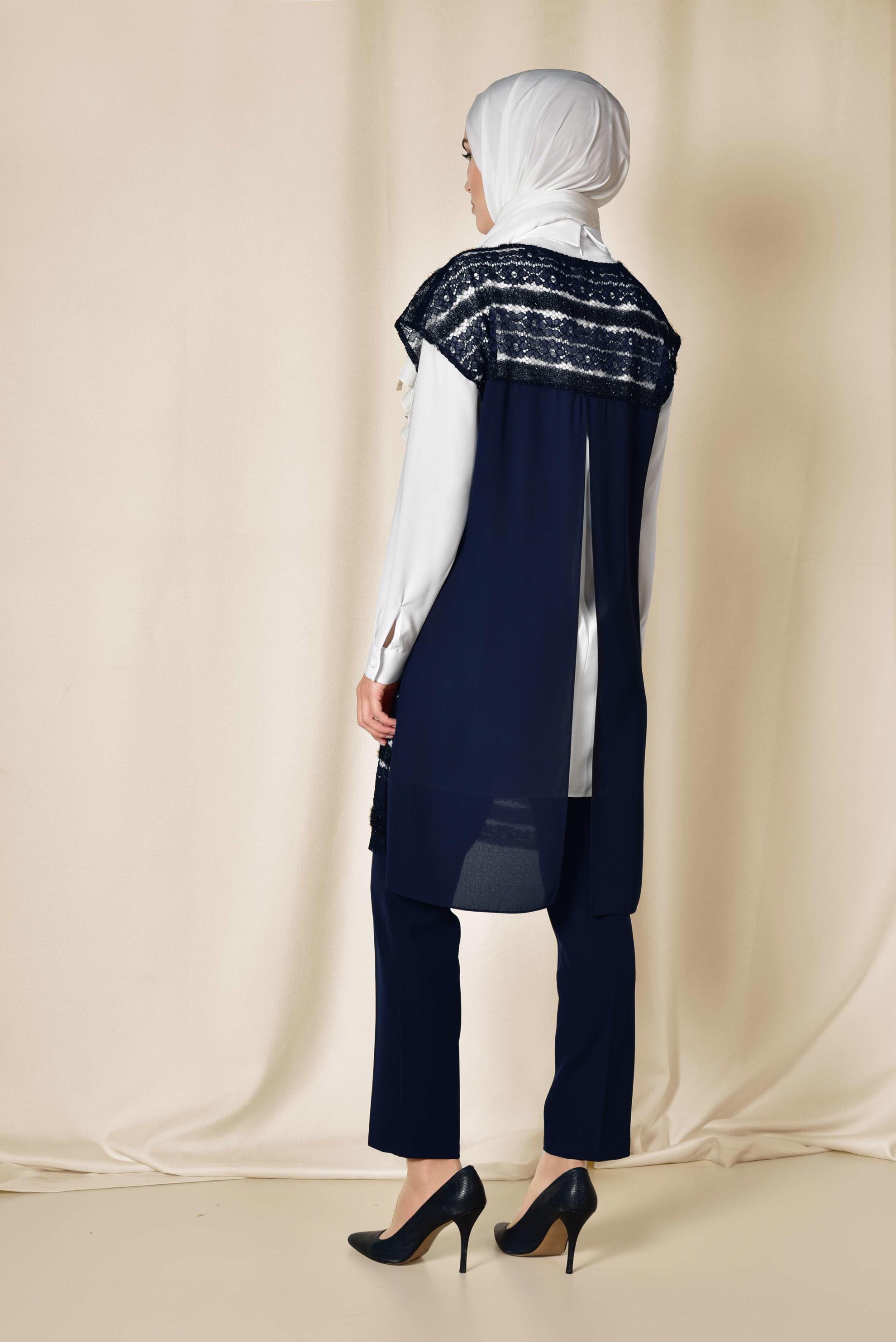 Tesettür giyim LACİVERT DANTELLİ ÜÇLÜ PANTOLONLU TAKIM 3521