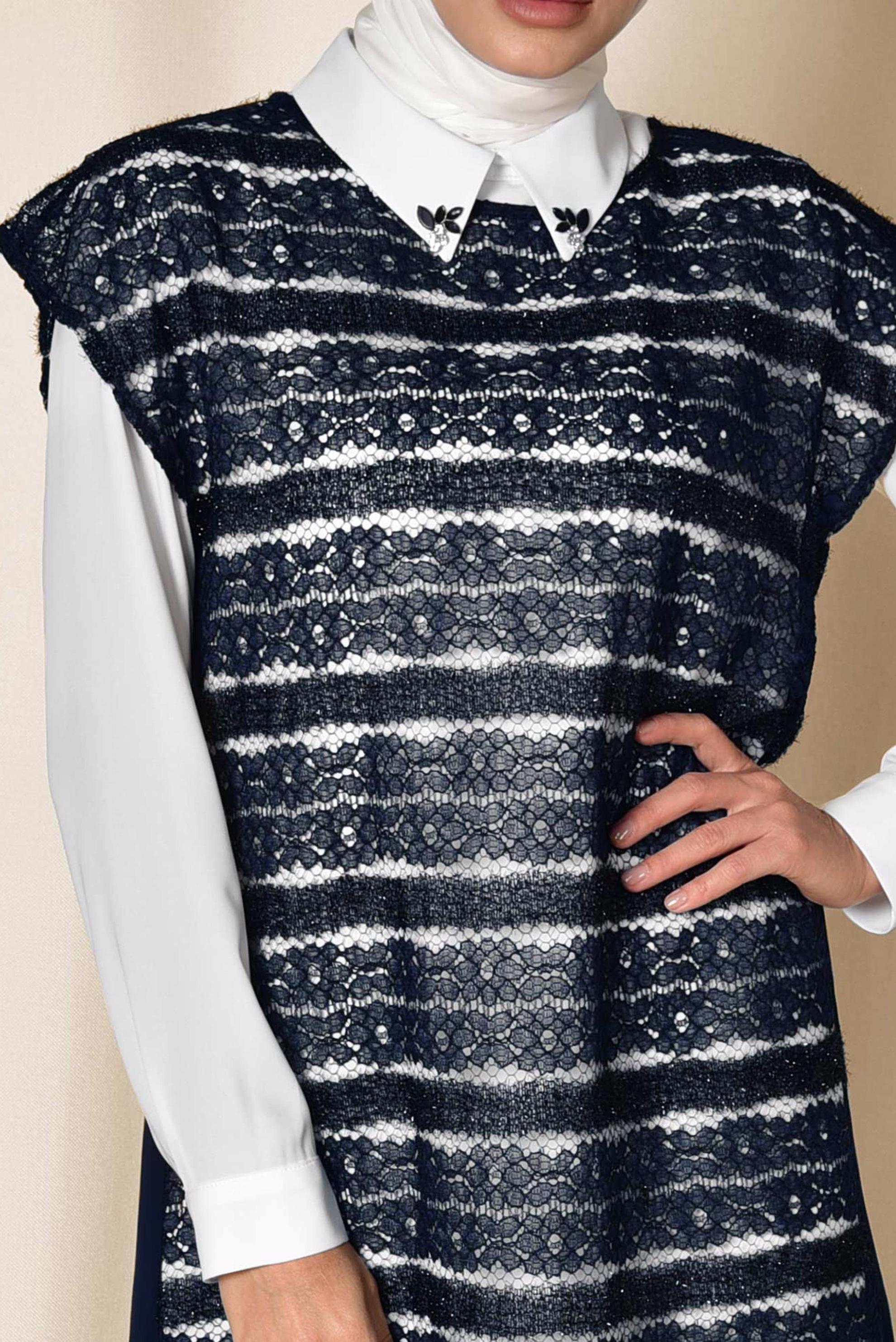 Tesettür giyim LACİVERT DANTELLİ ÜÇLÜ PANTOLONLU TAKIM 3521