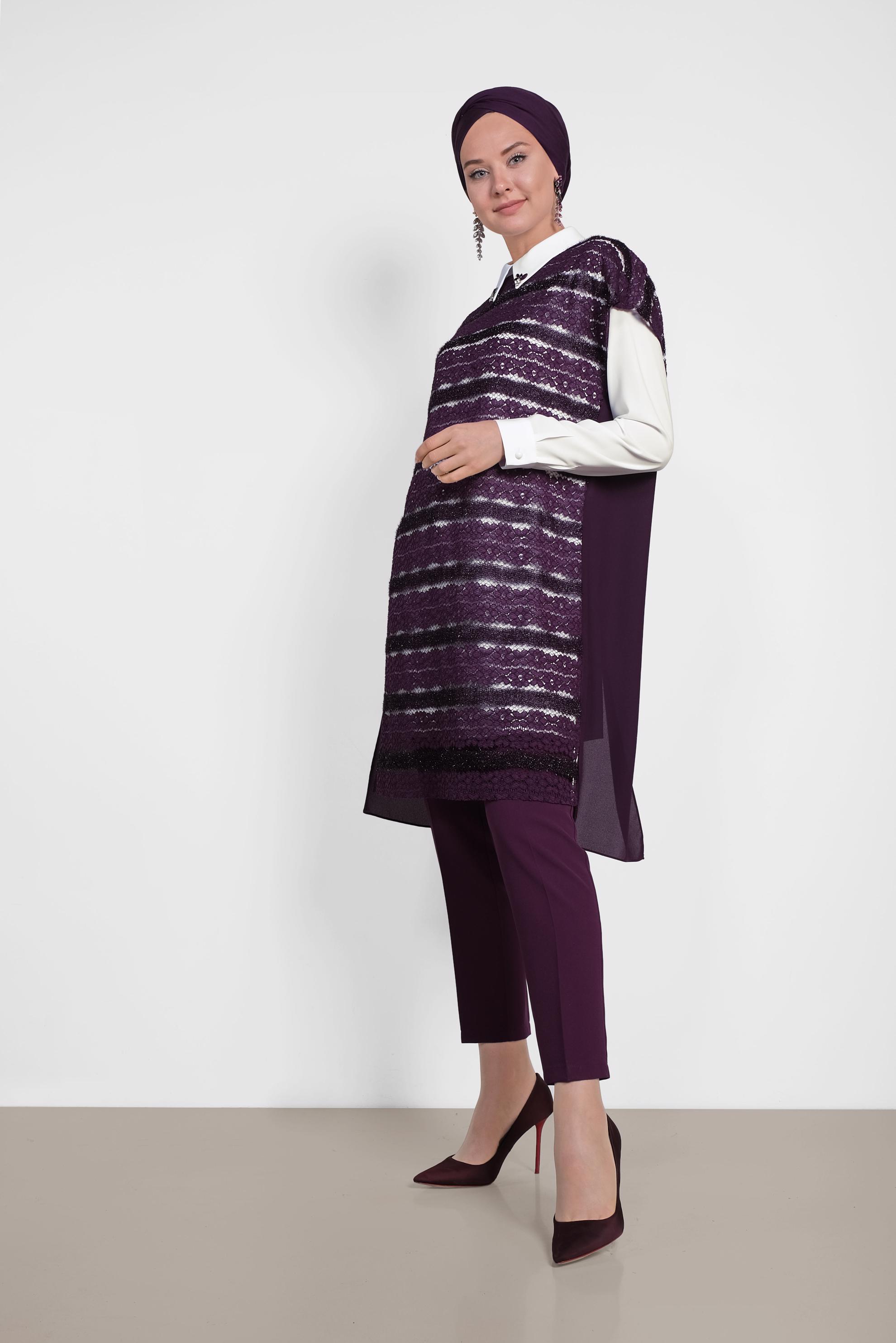 Tesettür giyim MÜRDÜM DANTELLİ ÜÇLÜ PANTOLONLU TAKIM 3521