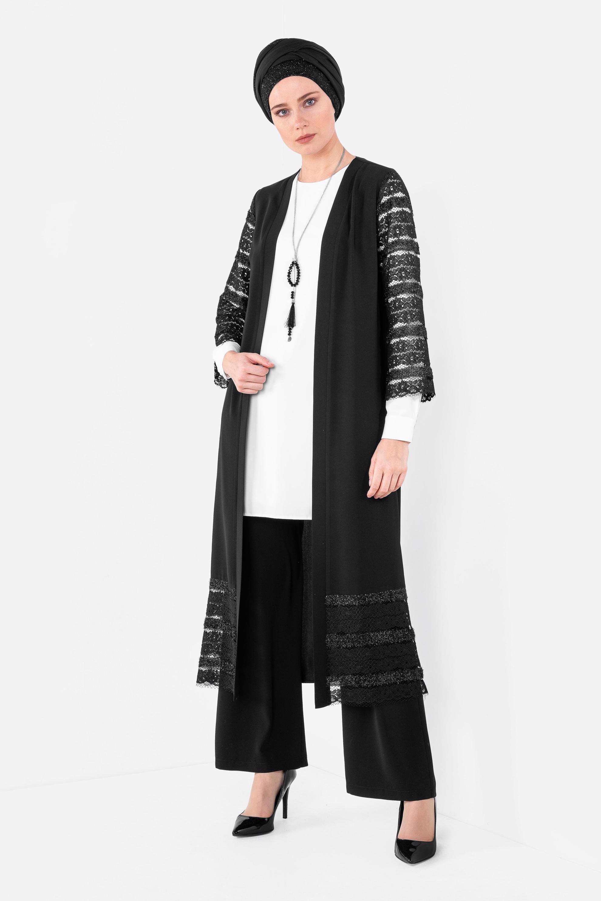 Tesettür giyim SİYAH GÜPÜR DETAYLI ÜÇLÜ PANTOLONLU TAKIM 3524