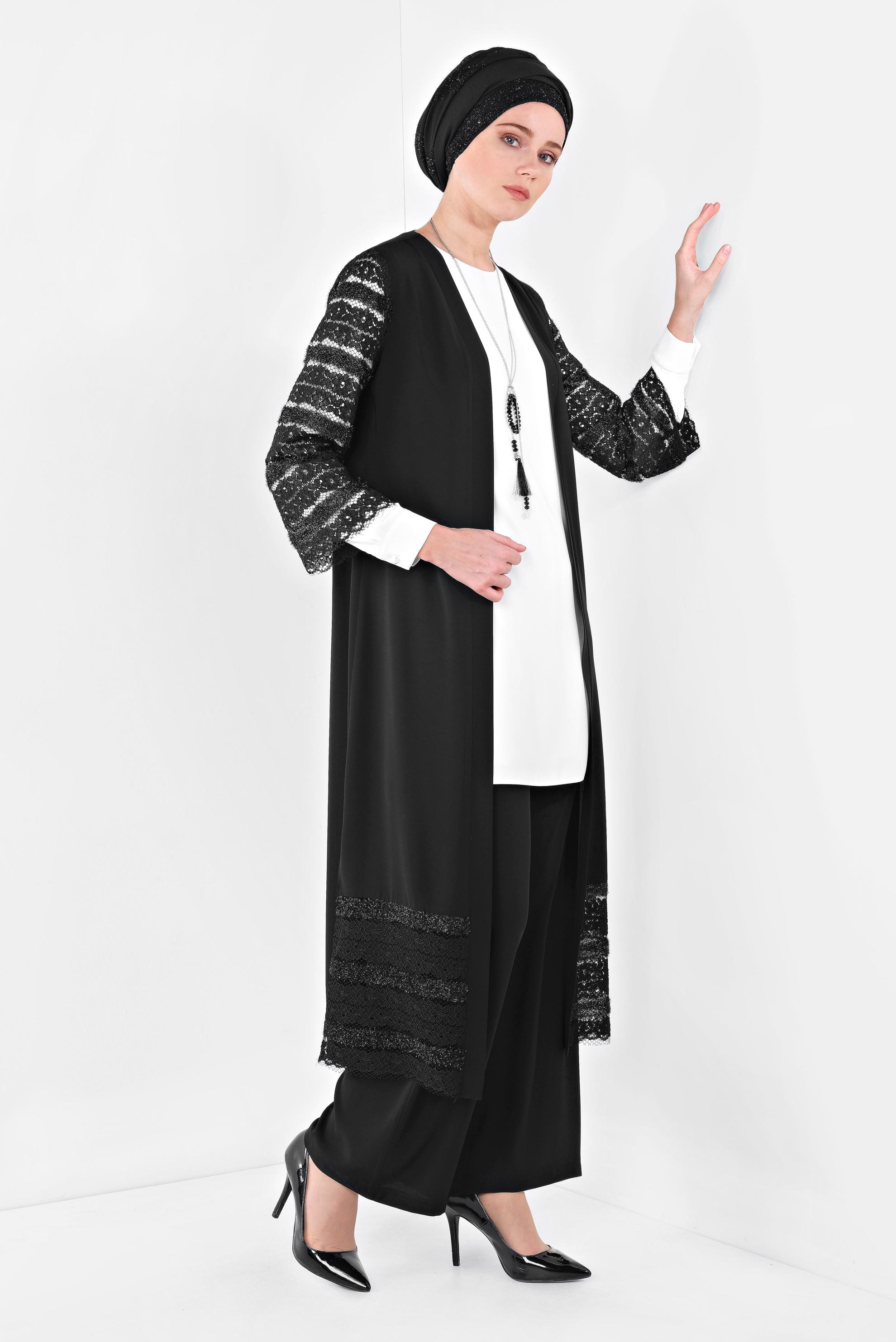 Tesettür giyim SİYAH GÜPÜR DETAYLI ÜÇLÜ PANTOLONLU TAKIM 3524