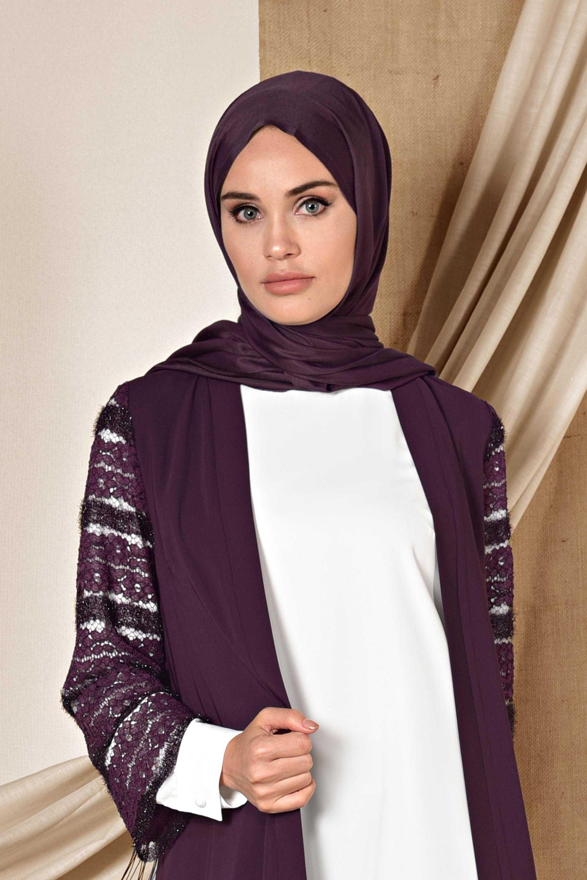 Tesettür giyim MOR GÜPÜR DETAYLI ÜÇLÜ PANTOLONLU TAKIM 3524