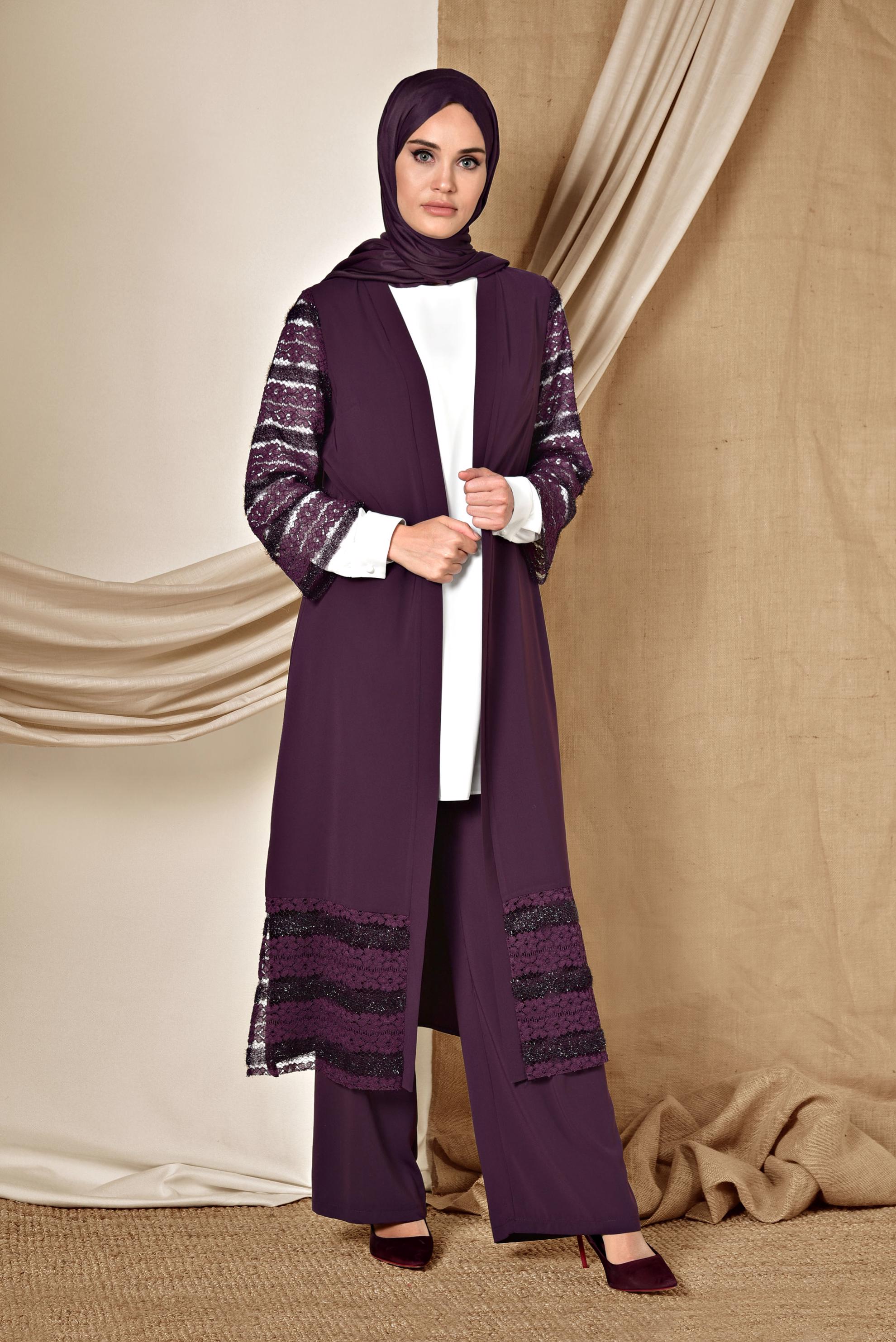 Tesettür giyim MOR GÜPÜR DETAYLI ÜÇLÜ PANTOLONLU TAKIM 3524