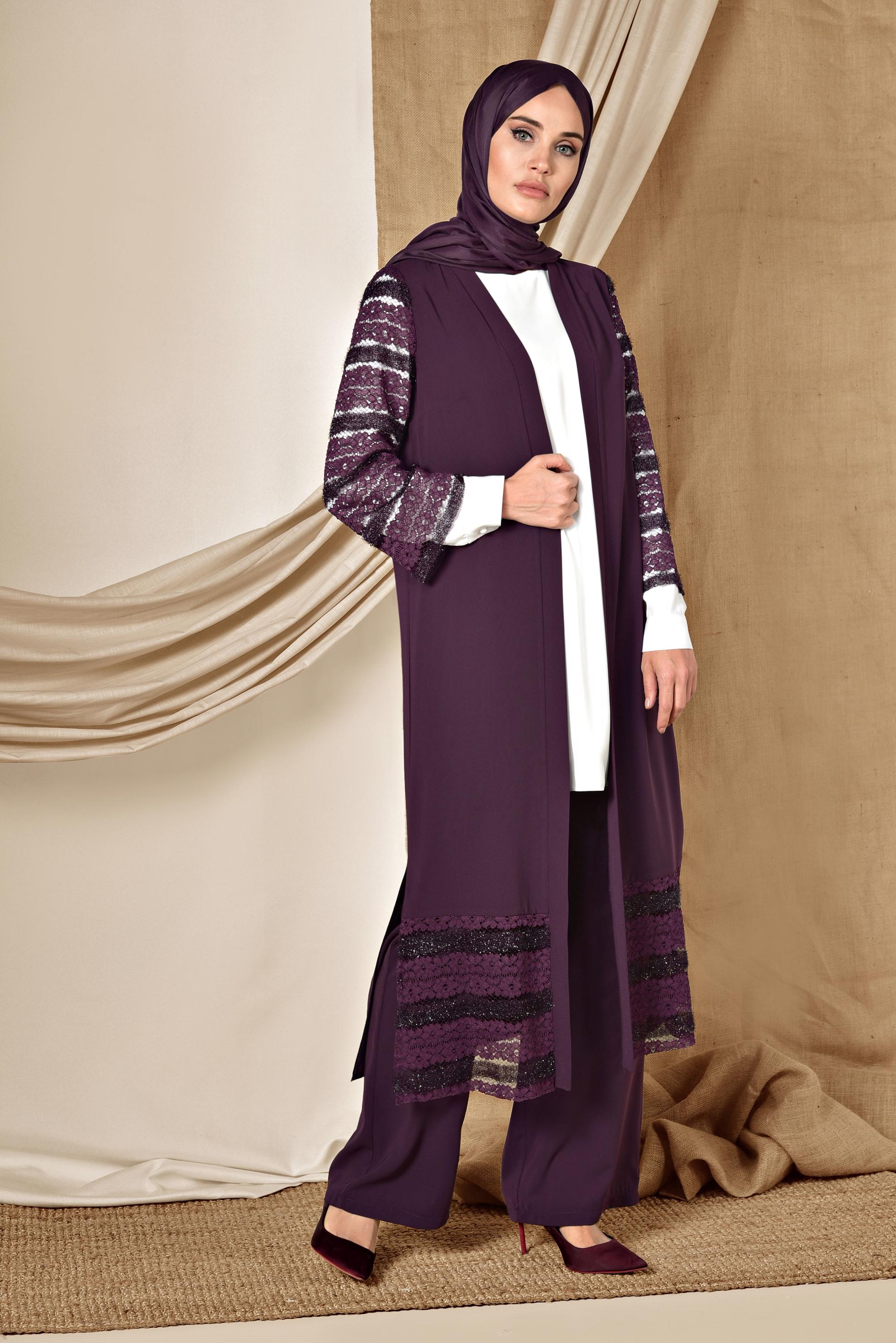 Tesettür giyim MOR GÜPÜR DETAYLI ÜÇLÜ PANTOLONLU TAKIM 3524