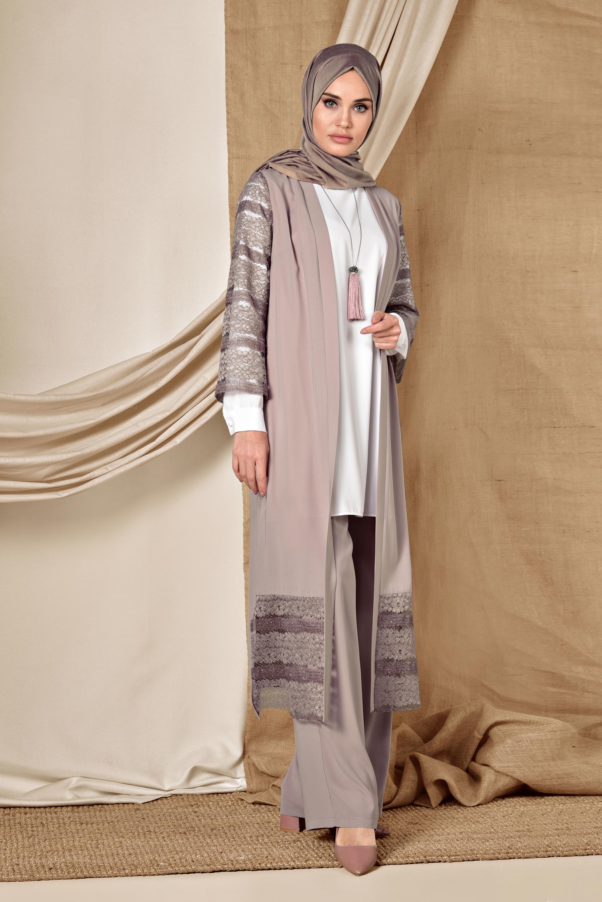 Tesettür giyim PUDRA GÜPÜR DETAYLI ÜÇLÜ PANTOLONLU TAKIM 3524