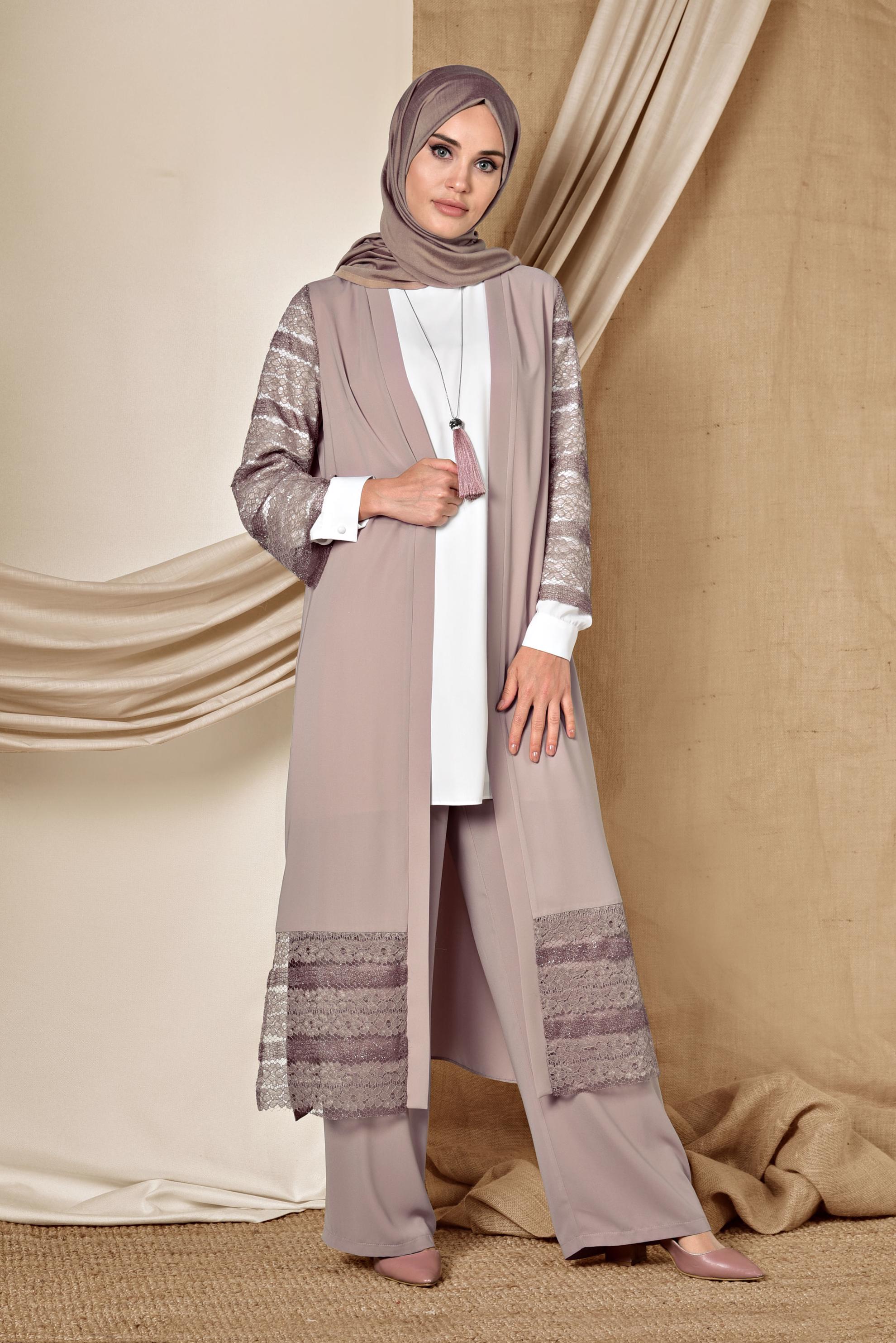 Tesettür giyim PUDRA GÜPÜR DETAYLI ÜÇLÜ PANTOLONLU TAKIM 3524
