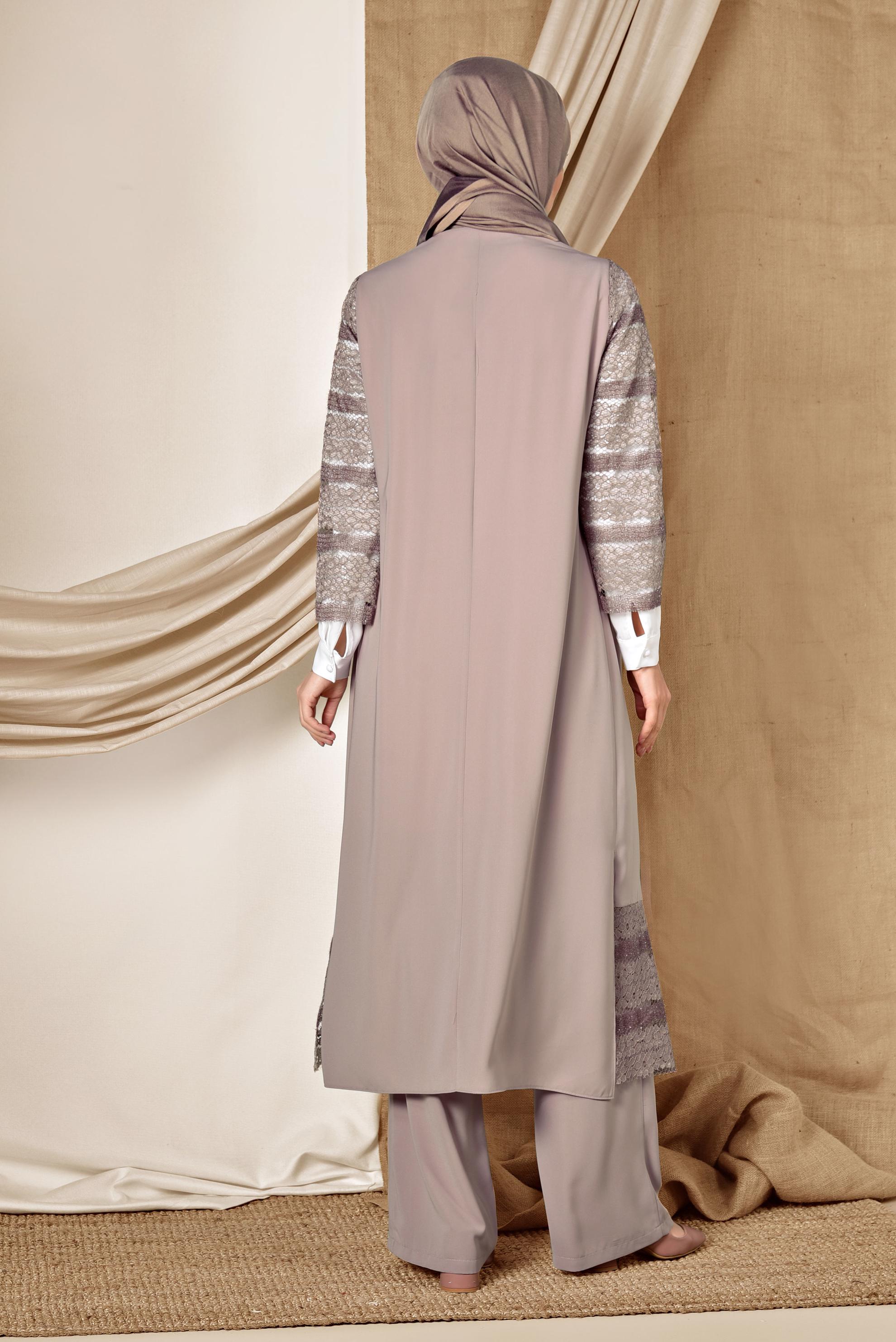 Tesettür giyim PUDRA GÜPÜR DETAYLI ÜÇLÜ PANTOLONLU TAKIM 3524