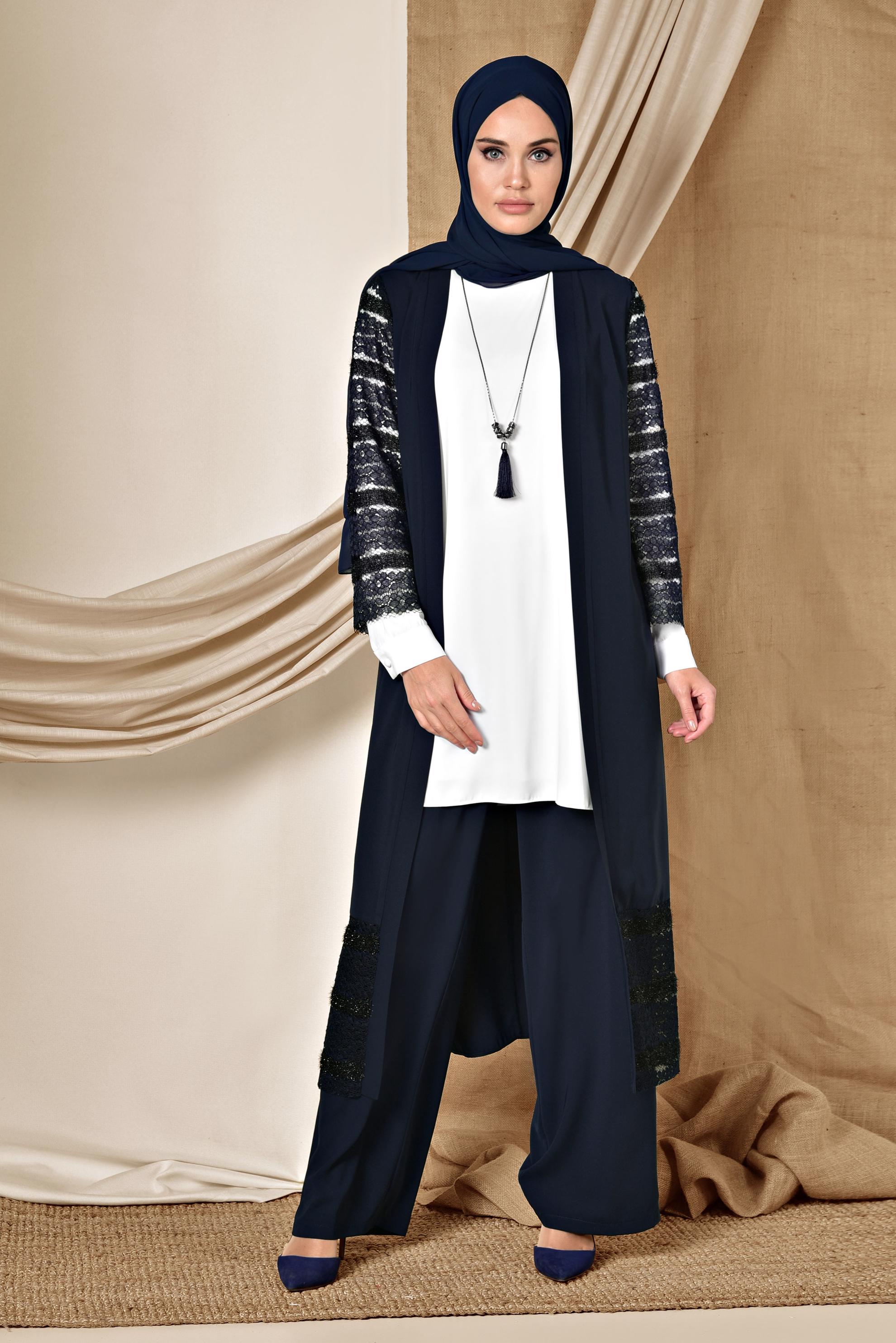 Tesettür giyim LACİVERT GÜPÜR DETAYLI ÜÇLÜ PANTOLONLU TAKIM 3524