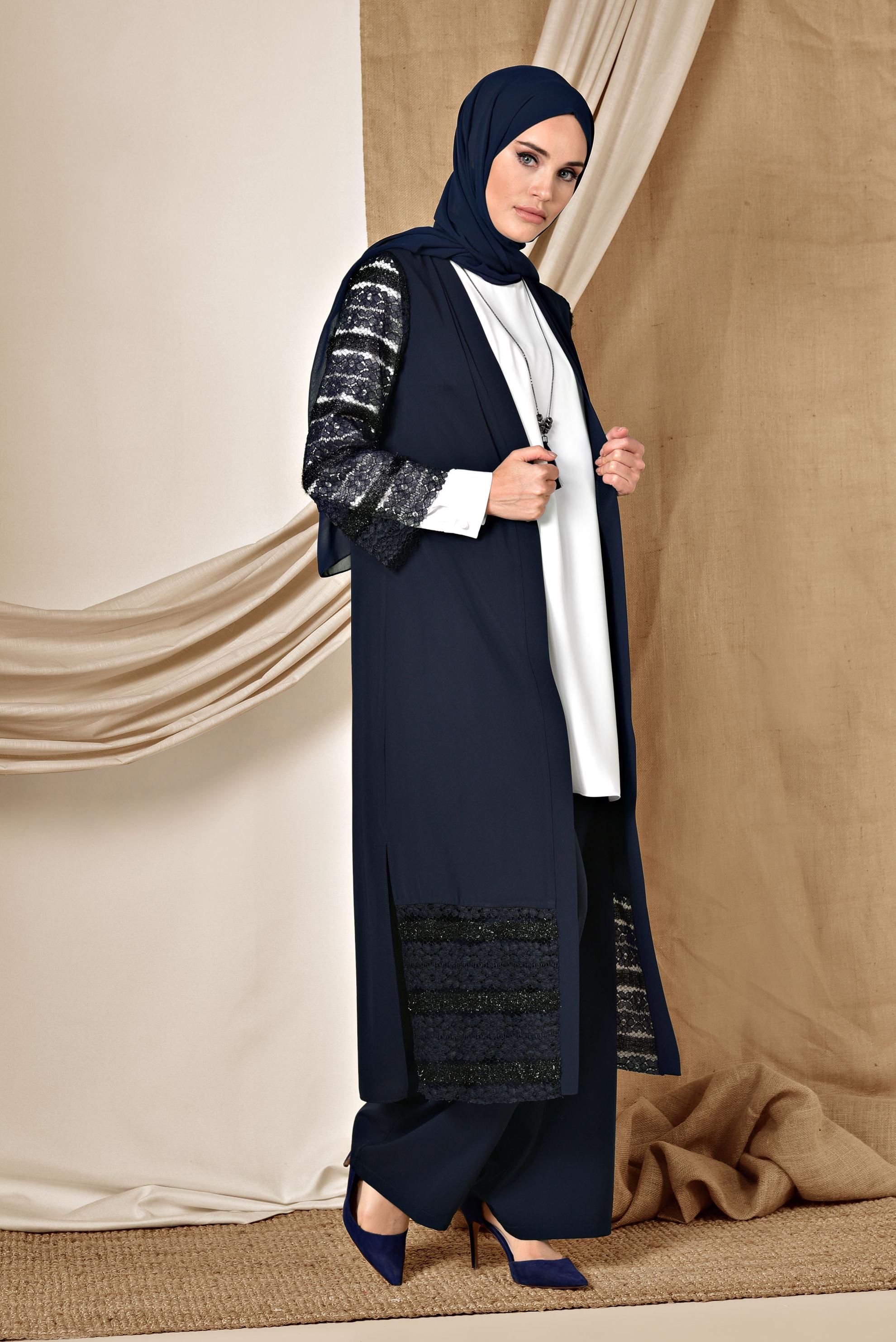 Tesettür giyim LACİVERT GÜPÜR DETAYLI ÜÇLÜ PANTOLONLU TAKIM 3524