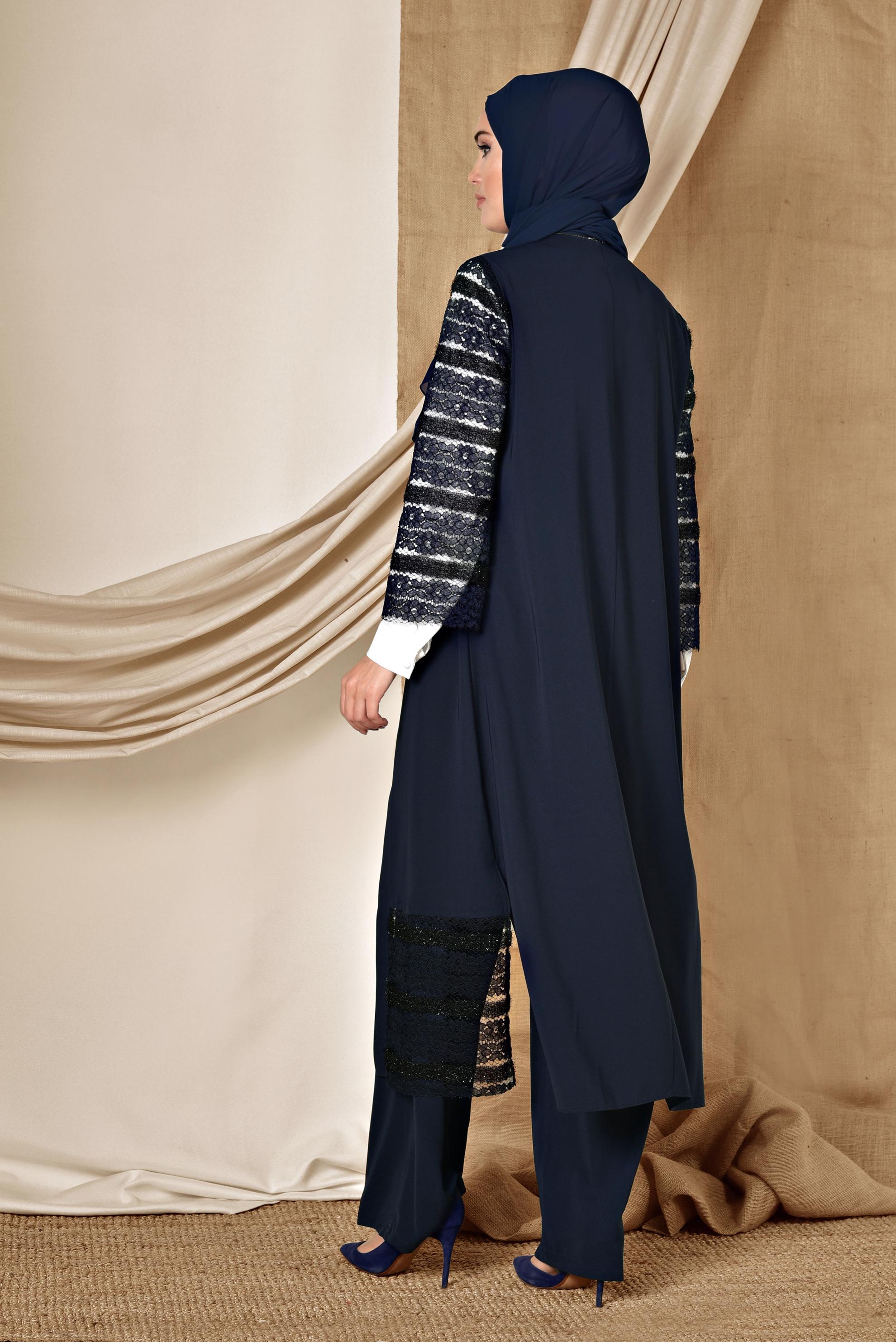 Tesettür giyim LACİVERT GÜPÜR DETAYLI ÜÇLÜ PANTOLONLU TAKIM 3524