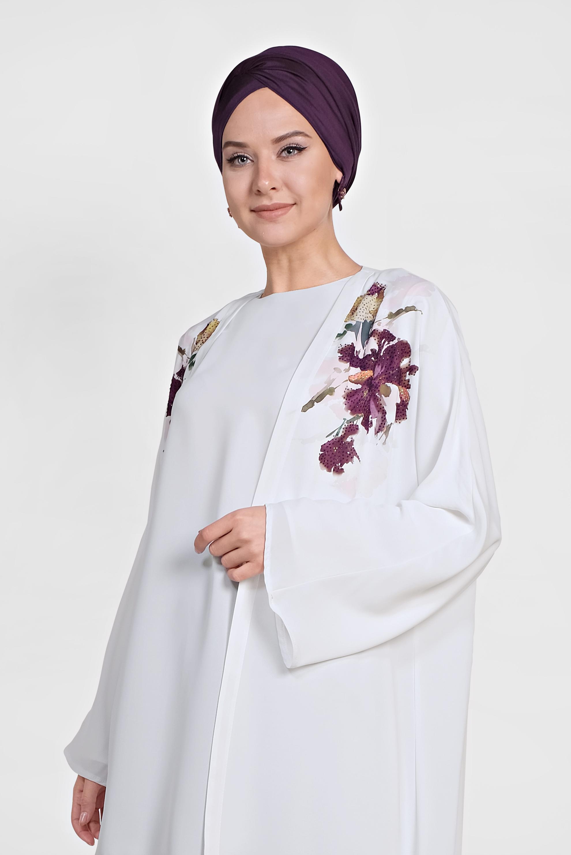 Tesettür giyim BEJ ÇİÇEK DESENİ DETAYLI ÜÇLÜ PANTLONLU TAKIM 3528