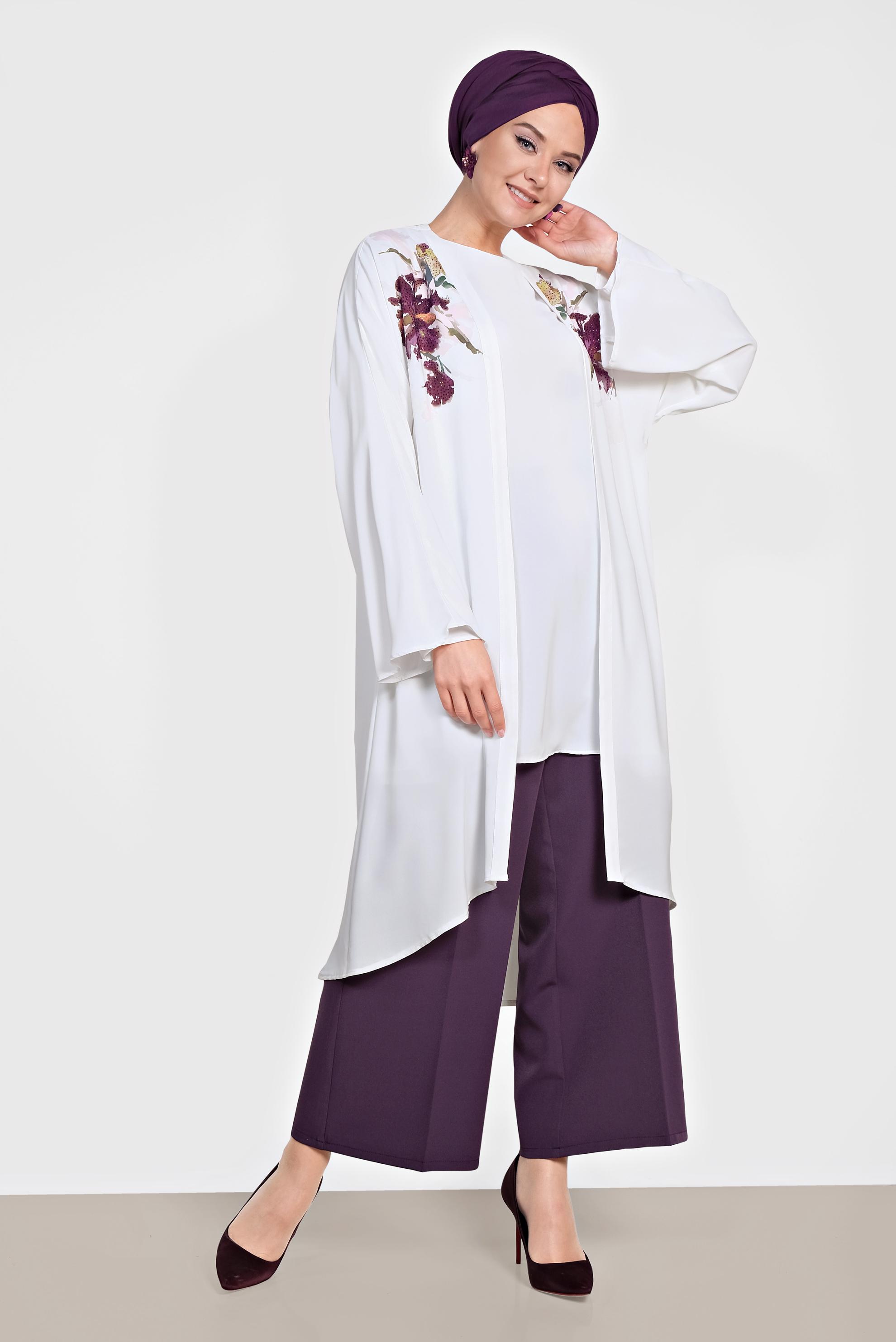 Tesettür giyim BEJ ÇİÇEK DESENİ DETAYLI ÜÇLÜ PANTLONLU TAKIM 3528