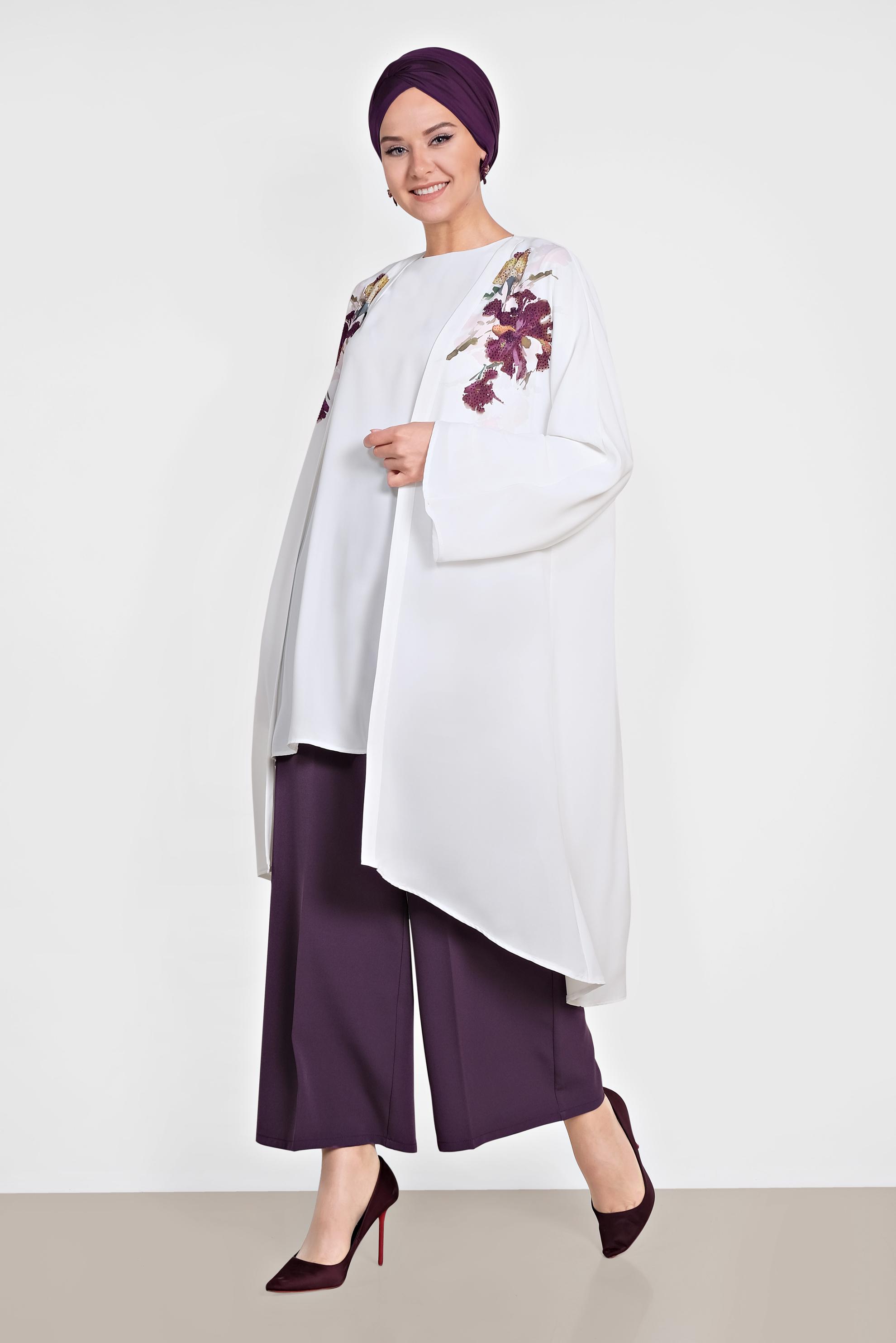 Tesettür giyim BEJ ÇİÇEK DESENİ DETAYLI ÜÇLÜ PANTLONLU TAKIM 3528