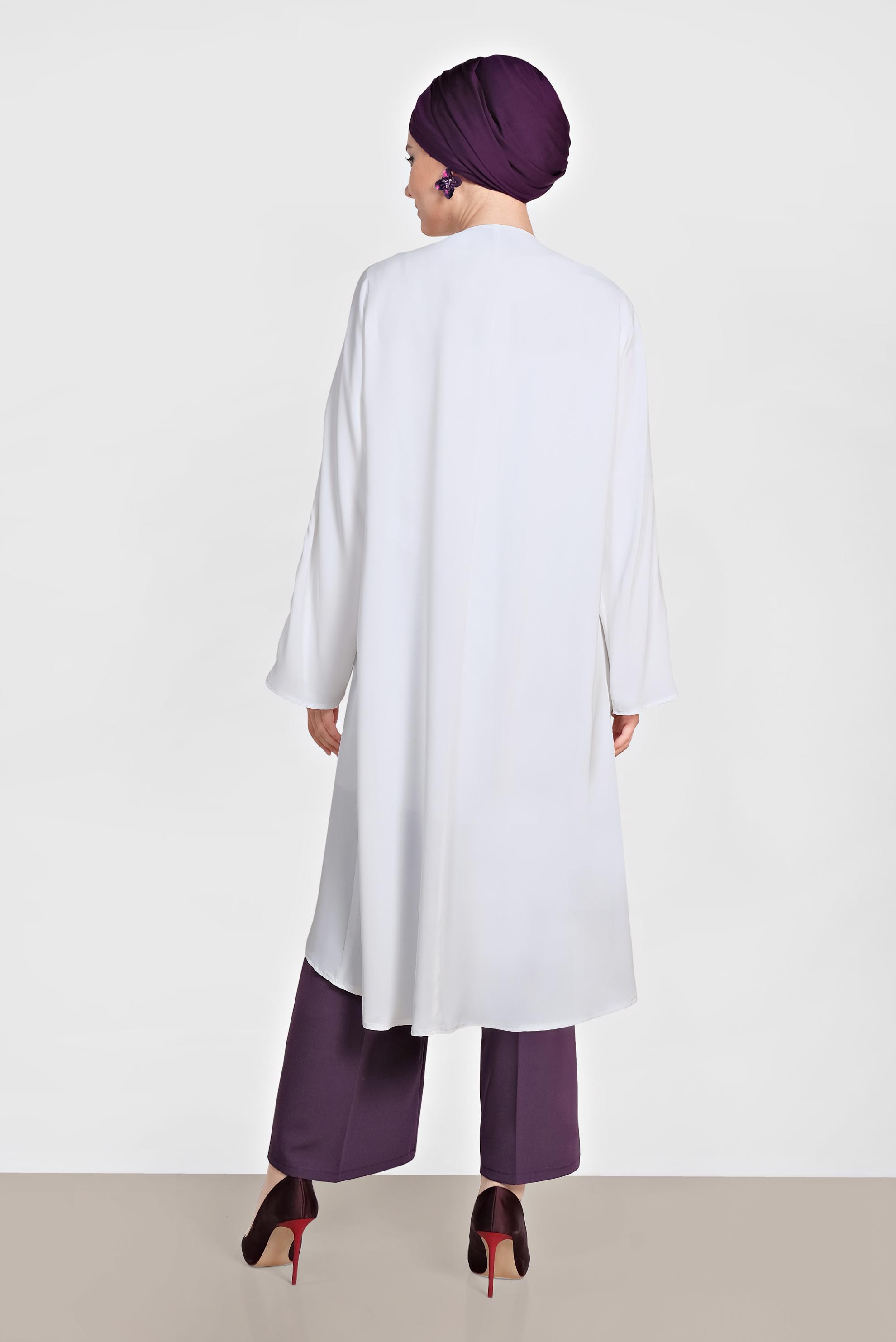 Tesettür giyim BEJ ÇİÇEK DESENİ DETAYLI ÜÇLÜ PANTLONLU TAKIM 3528