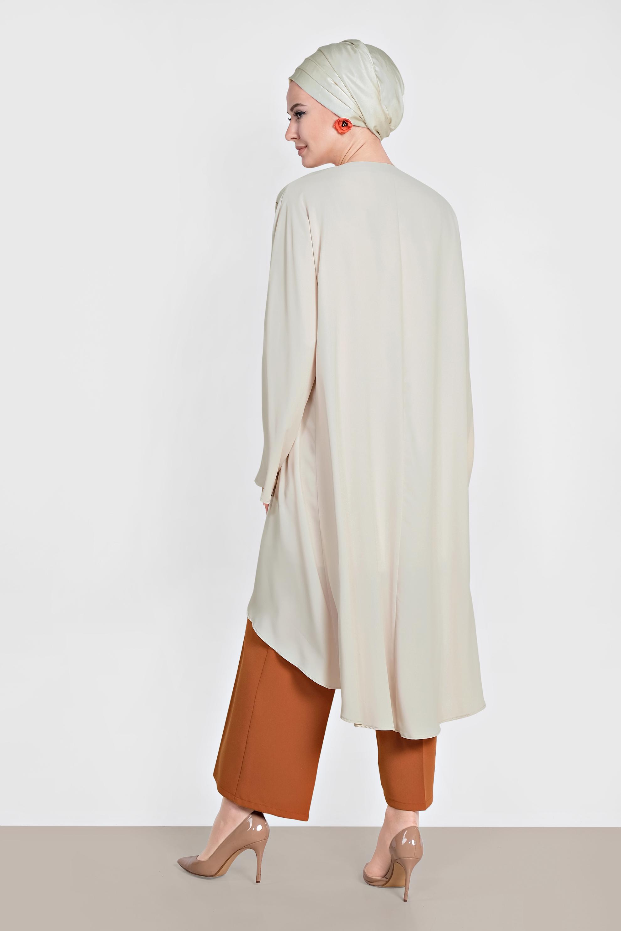 Tesettür giyim EKRU ÇİÇEK DESENİ DETAYLI ÜÇLÜ PANTLONLU TAKIM 3528