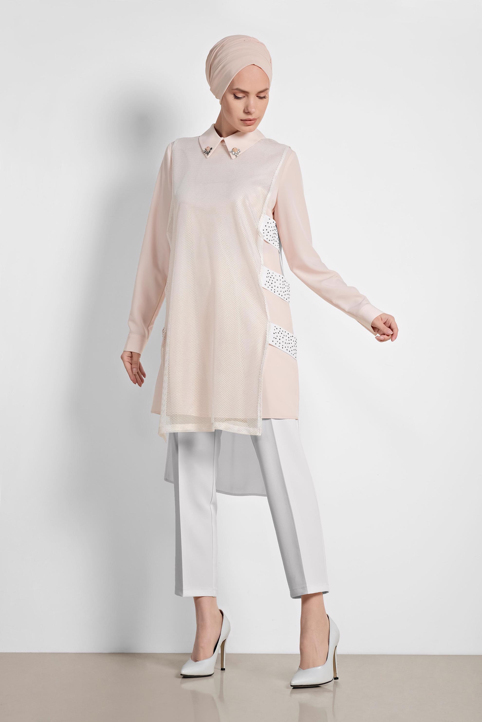 Tesettür giyim BEYAZ FİLELİ ÜÇLÜ PANTOLONLU TAKIM 3532