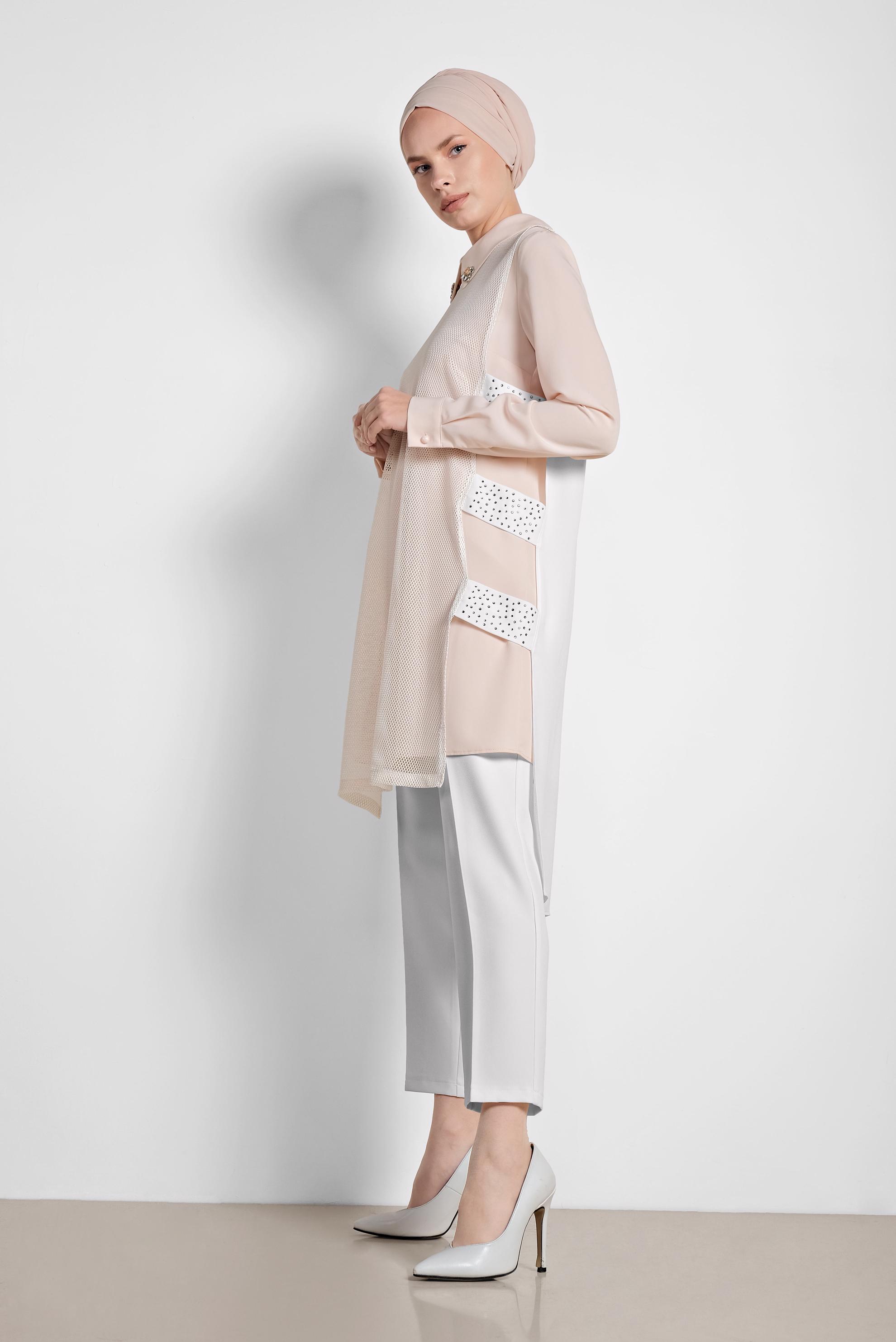 Tesettür giyim BEYAZ FİLELİ ÜÇLÜ PANTOLONLU TAKIM 3532