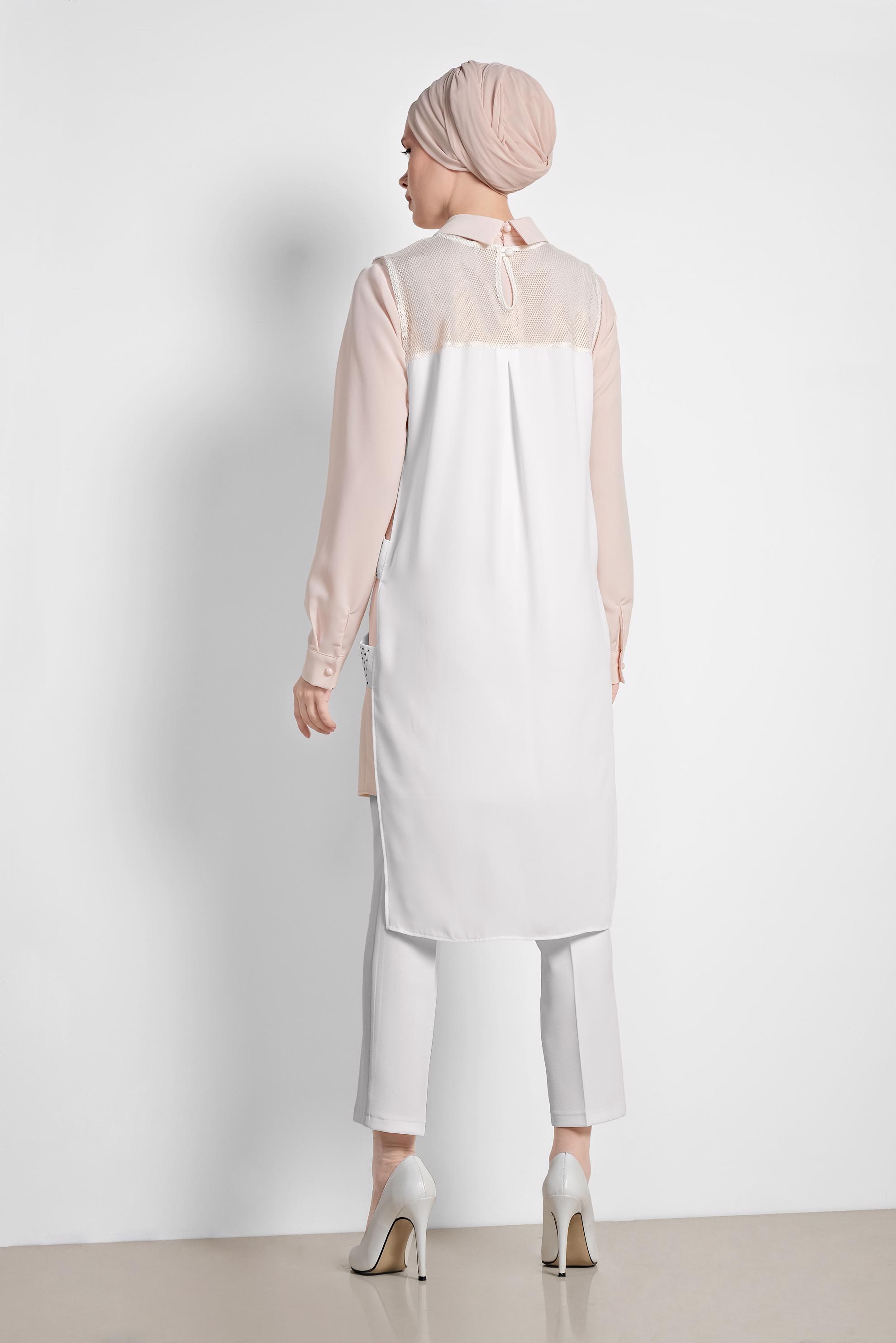 Tesettür giyim BEYAZ FİLELİ ÜÇLÜ PANTOLONLU TAKIM 3532