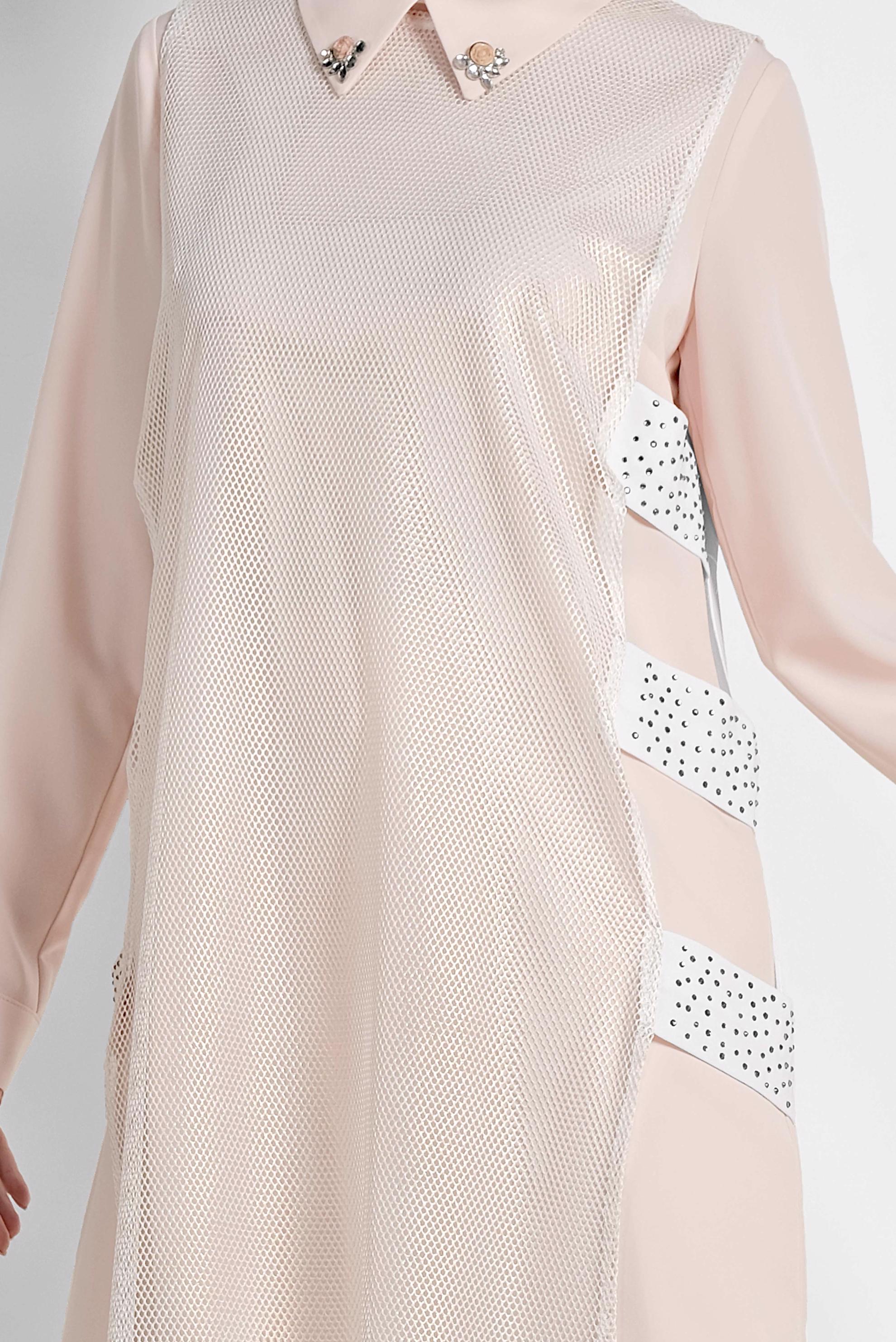 Tesettür giyim BEYAZ FİLELİ ÜÇLÜ PANTOLONLU TAKIM 3532