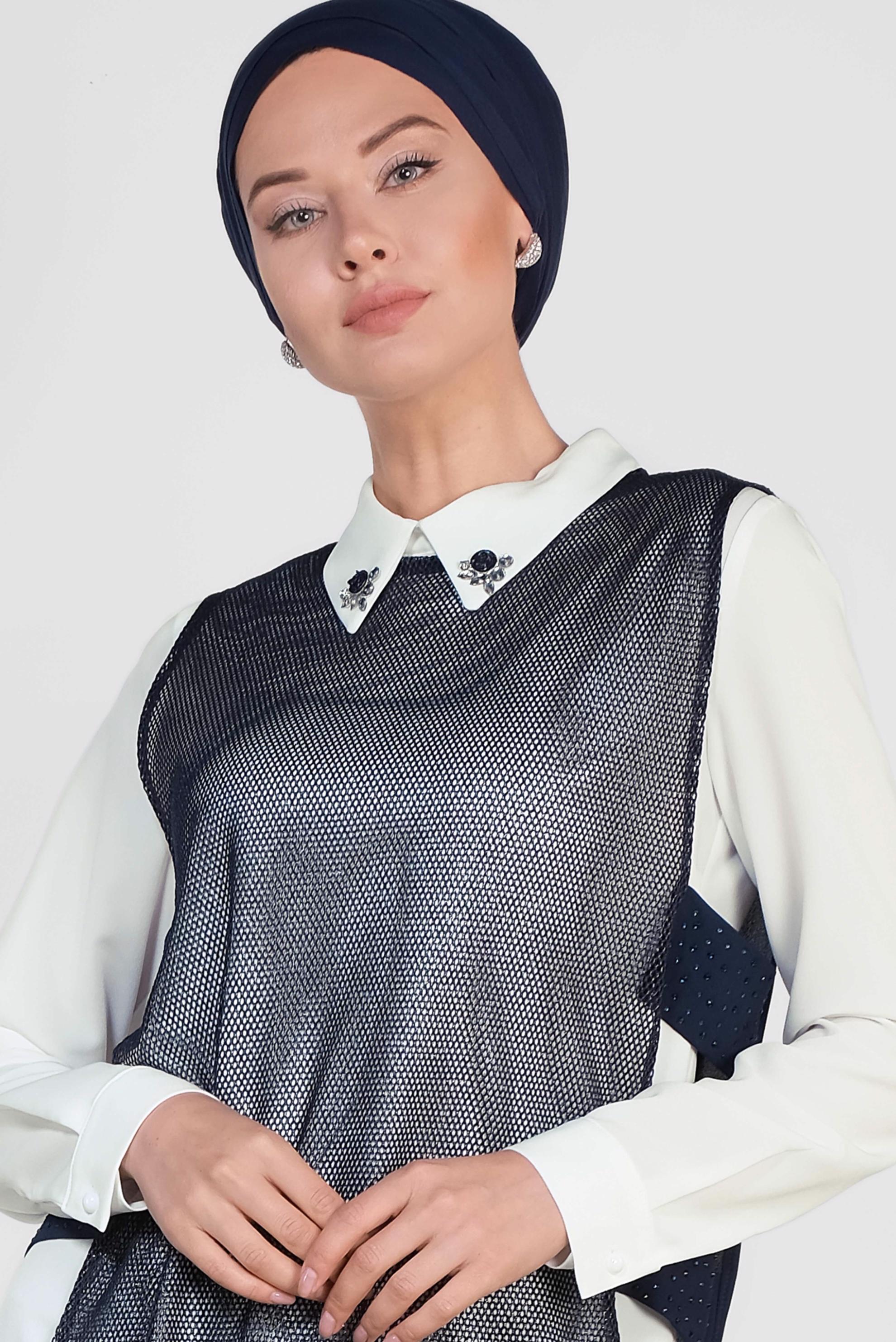 Tesettür giyim LACİVERT FİLELİ ÜÇLÜ PANTOLONLU TAKIM 3532