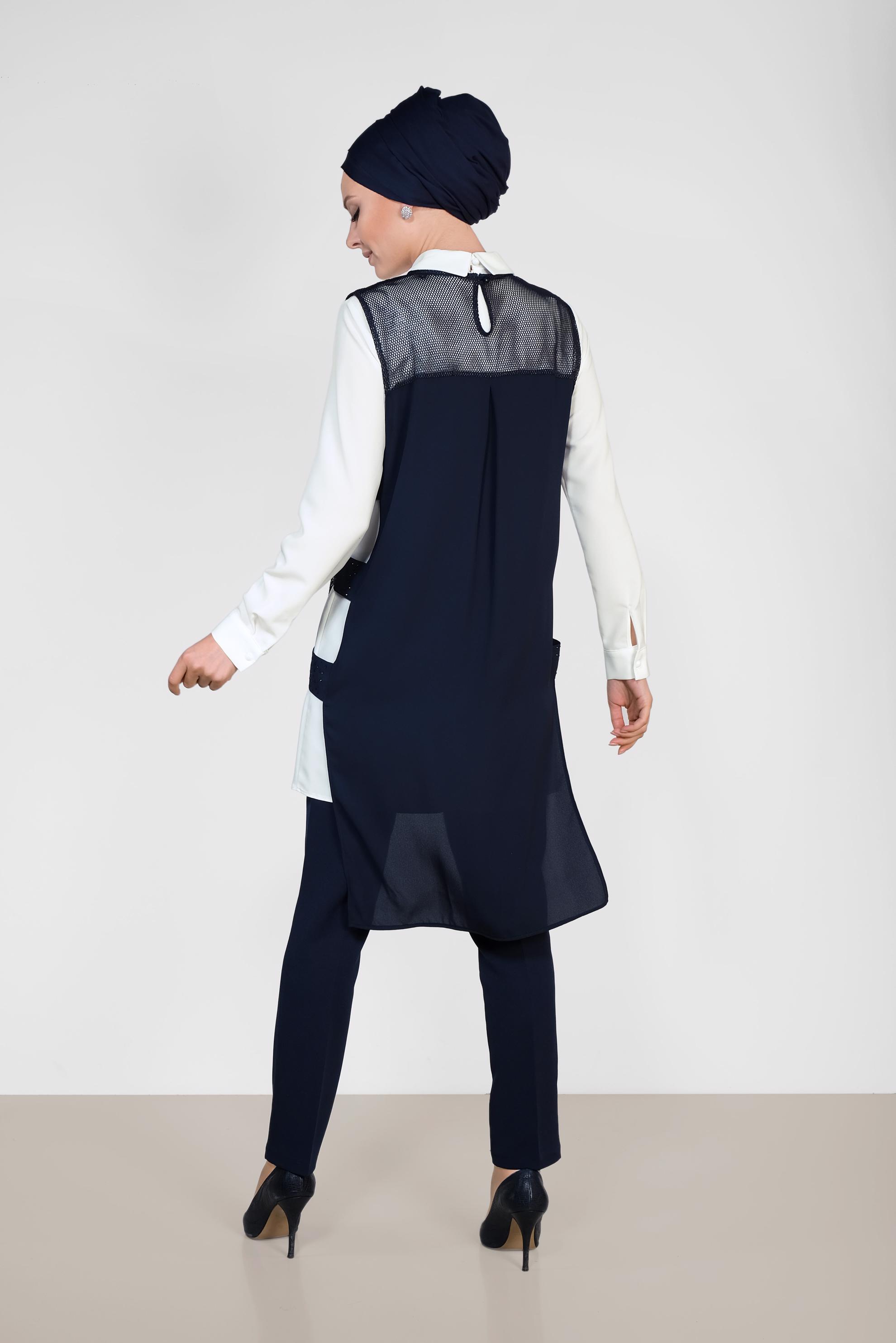 Tesettür giyim LACİVERT FİLELİ ÜÇLÜ PANTOLONLU TAKIM 3532