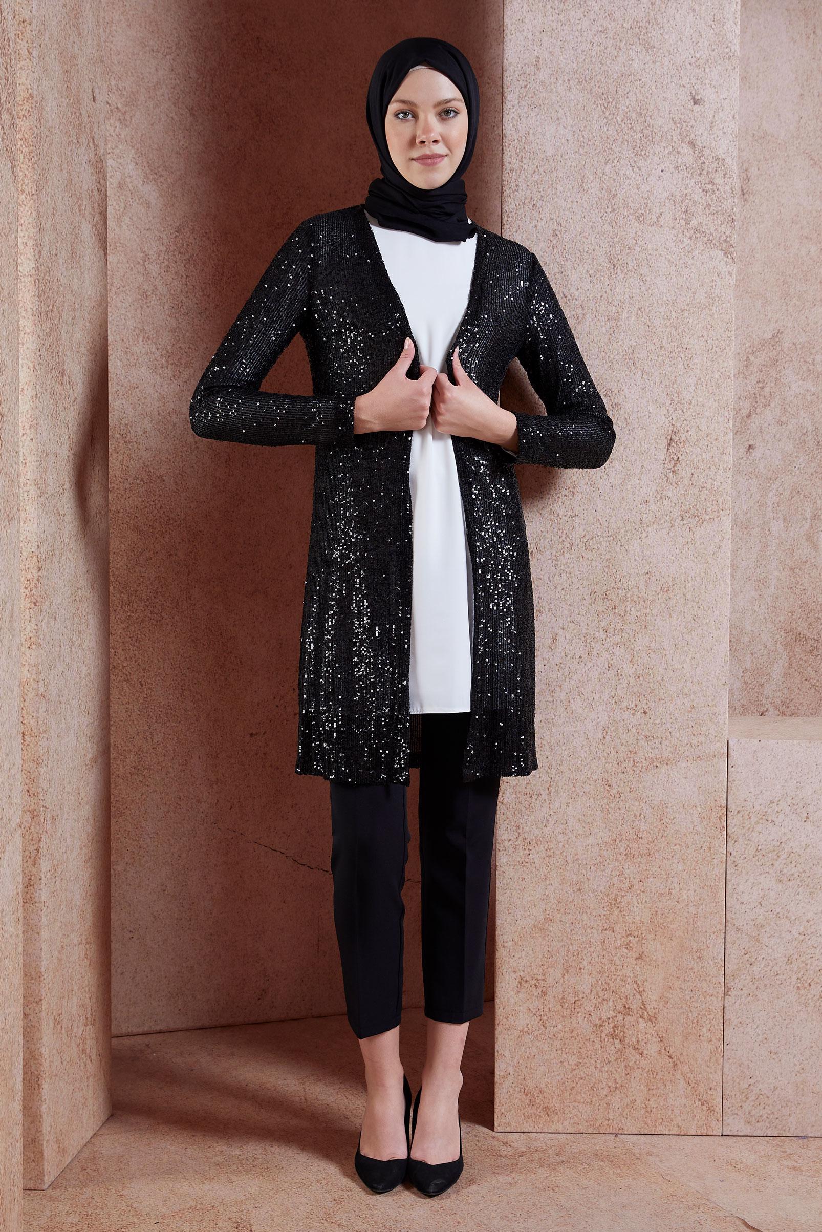 Tesettür giyim SİYAH PUL PAYETLİ ÜÇLÜ PANTOLONLU TAKIM 3533