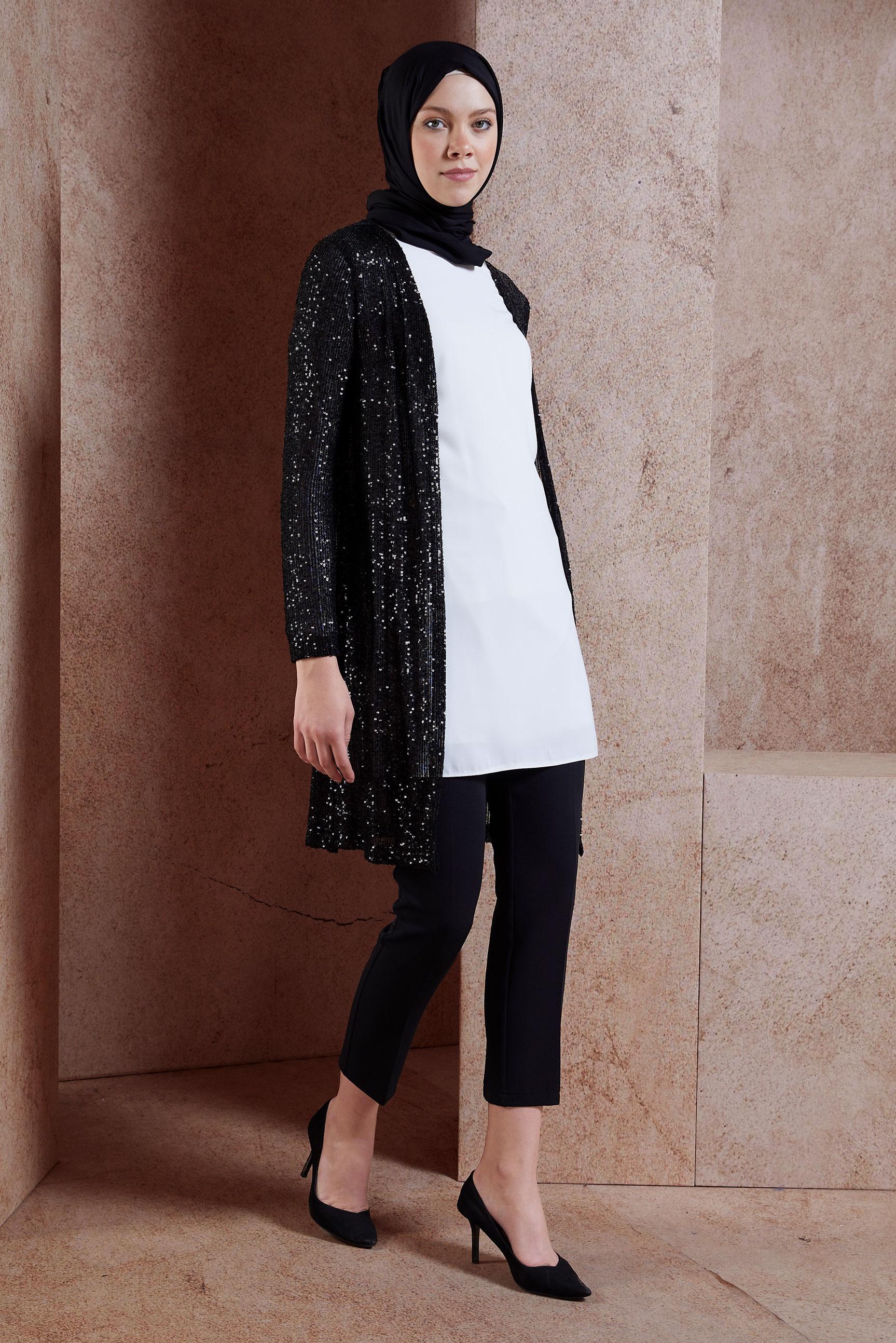 Tesettür giyim SİYAH PUL PAYETLİ ÜÇLÜ PANTOLONLU TAKIM 3533