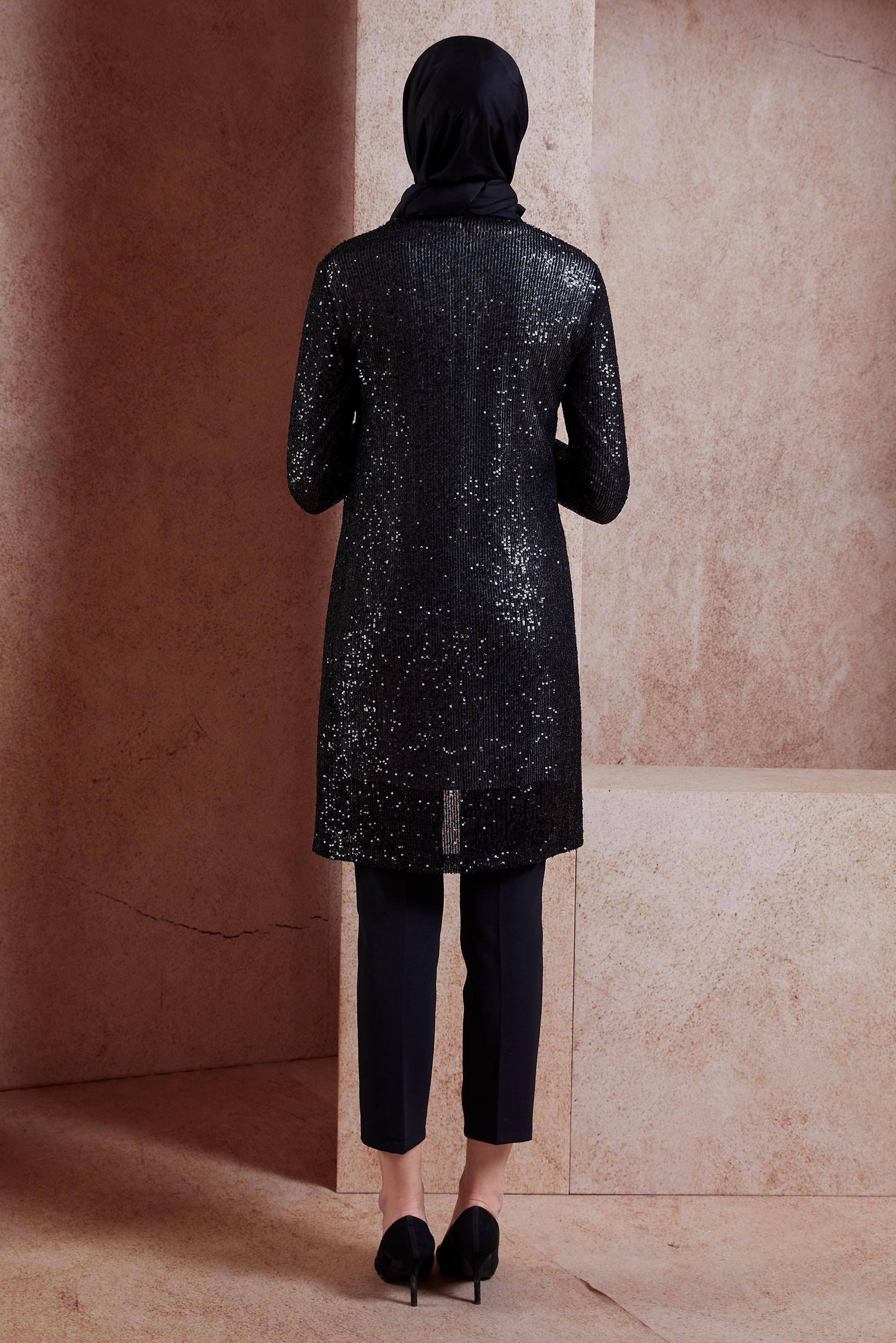Tesettür giyim SİYAH PUL PAYETLİ ÜÇLÜ PANTOLONLU TAKIM 3533