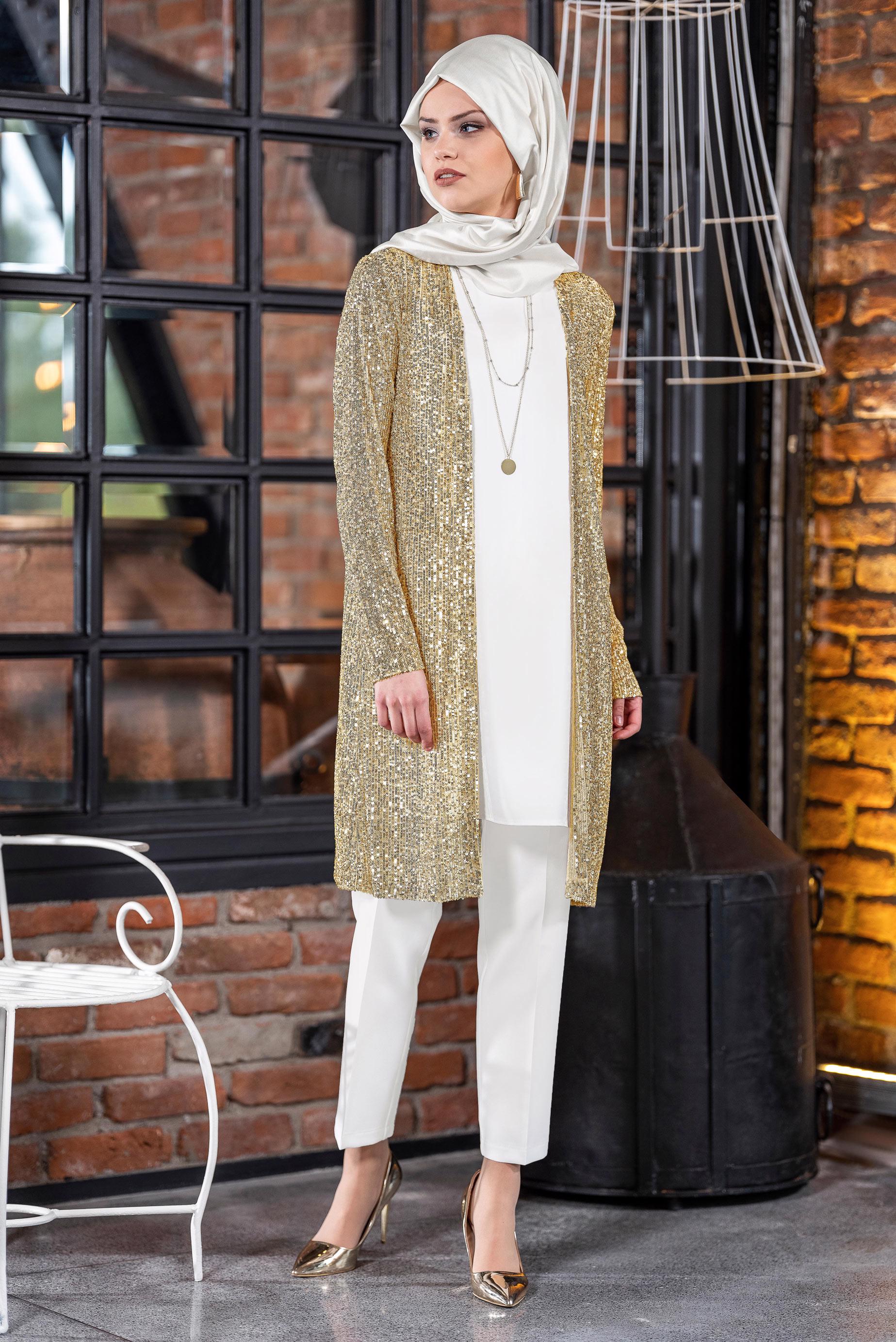 Hijab clothing BEIGE SEQUINED THREE-PIECES PANTS SUIT 3533