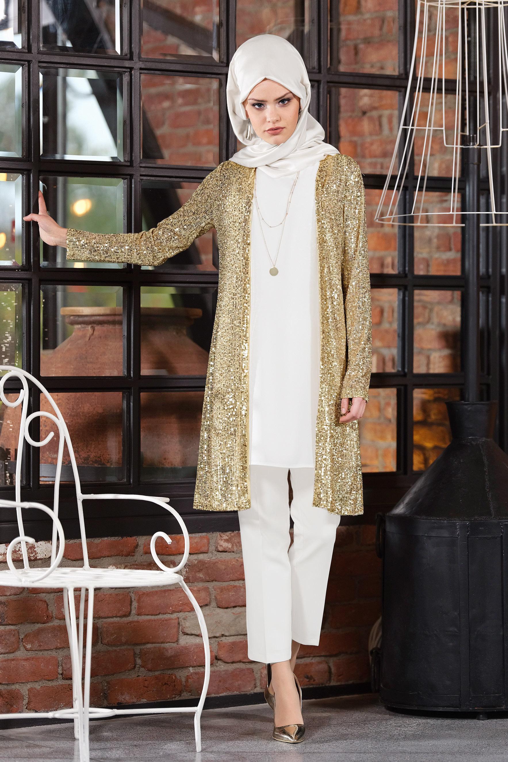 Hijab clothing BEIGE SEQUINED THREE-PIECES PANTS SUIT 3533
