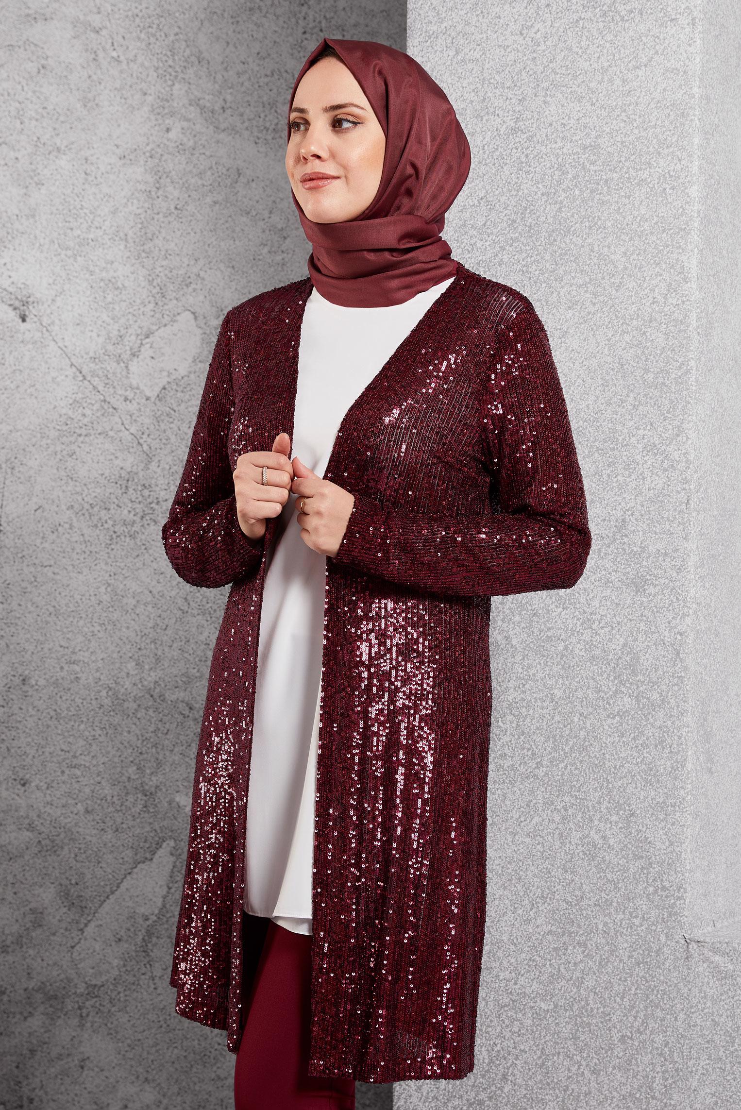 Tesettür giyim BORDO PUL PAYETLİ ÜÇLÜ PANTOLONLU TAKIM 3533