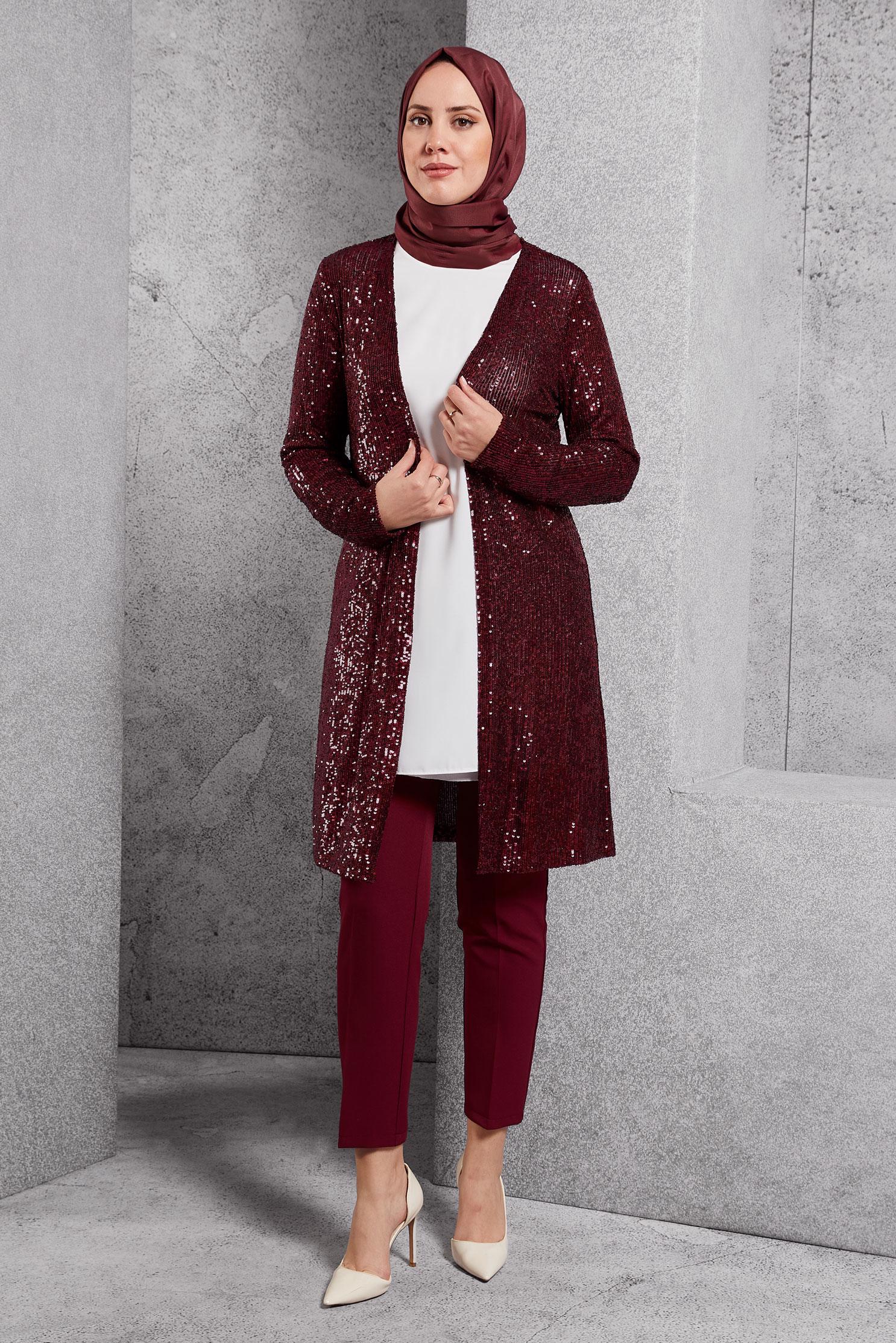 Tesettür giyim BORDO PUL PAYETLİ ÜÇLÜ PANTOLONLU TAKIM 3533