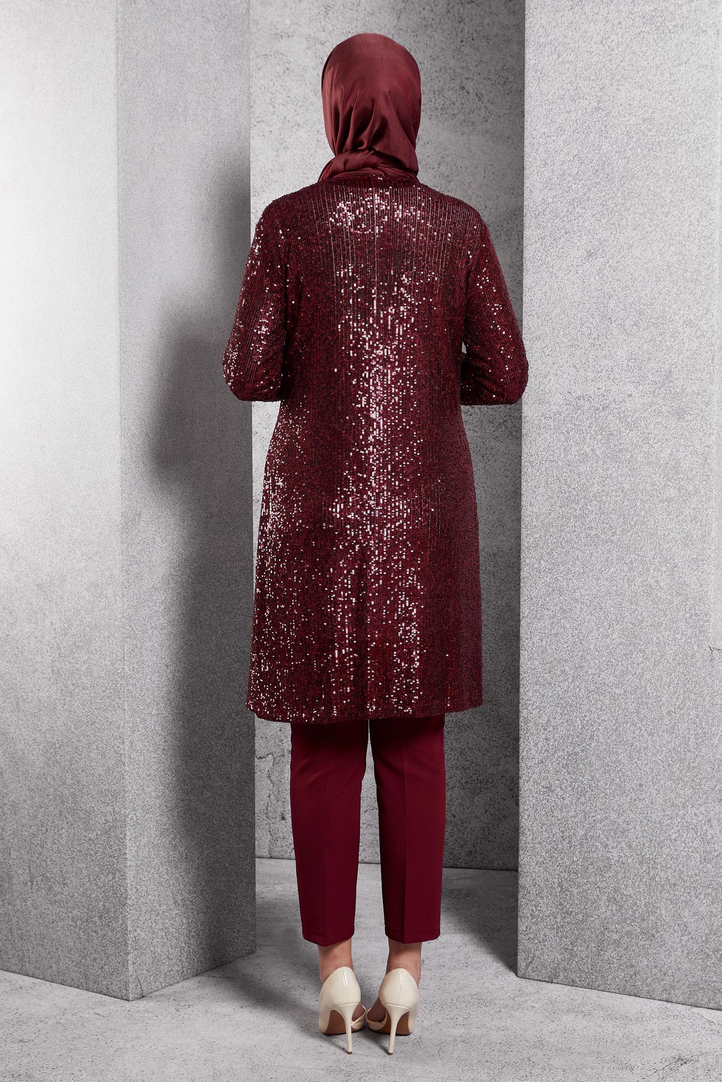 Tesettür giyim BORDO PUL PAYETLİ ÜÇLÜ PANTOLONLU TAKIM 3533