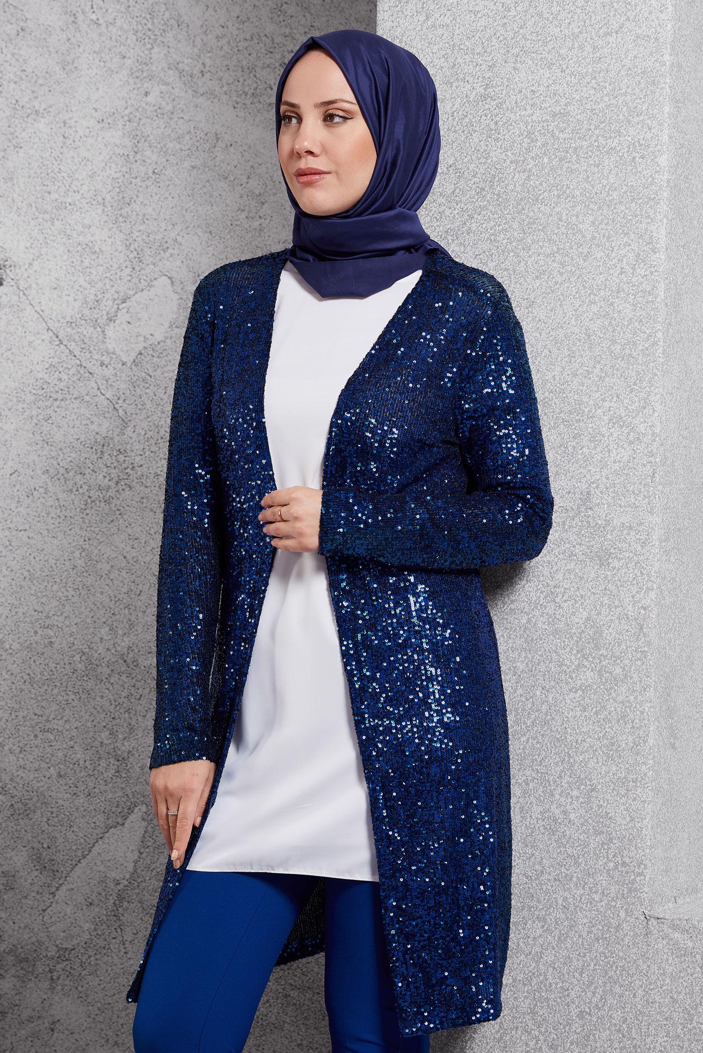 Tesettür giyim LACİVERT PUL PAYETLİ ÜÇLÜ PANTOLONLU TAKIM 3533