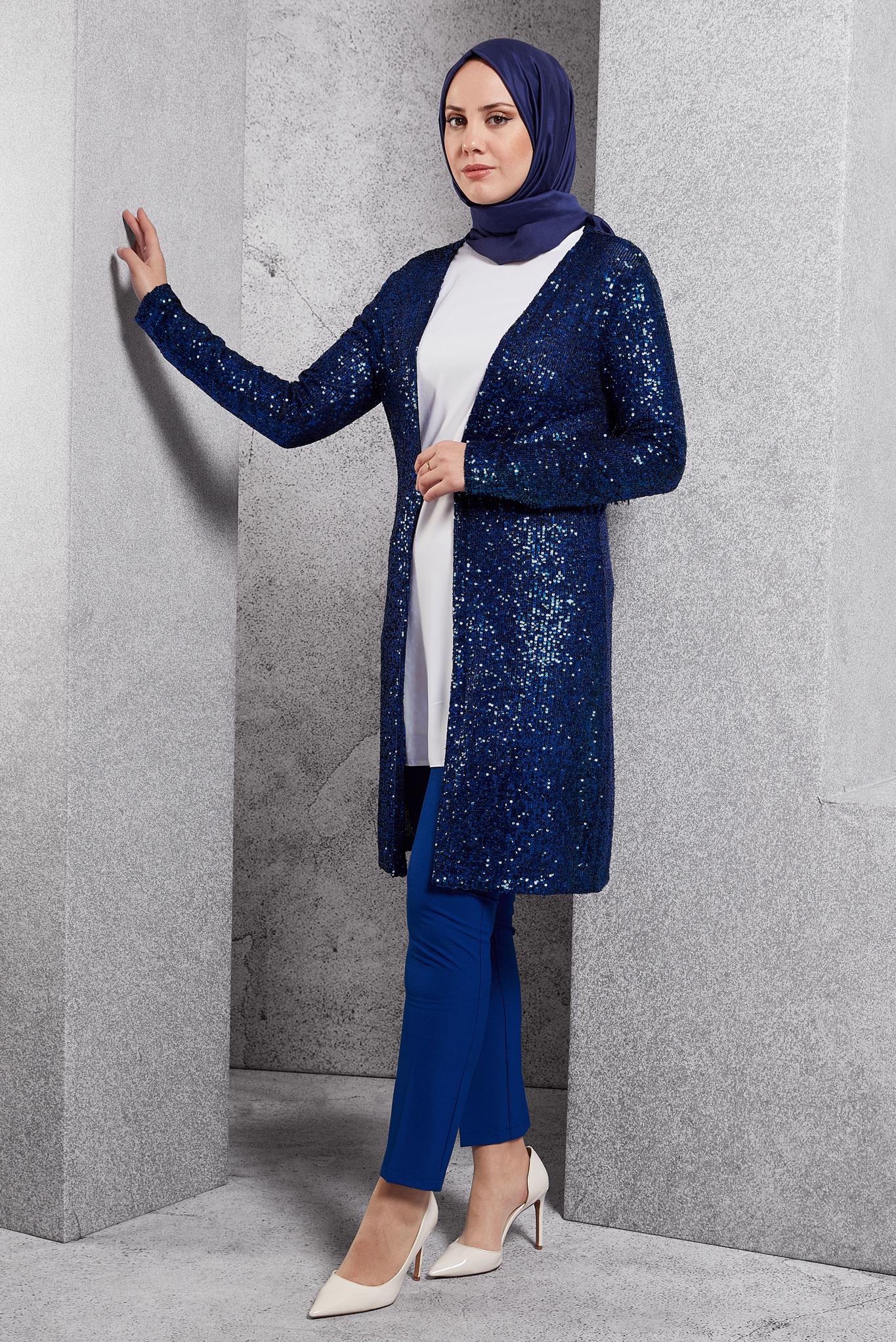 Tesettür giyim LACİVERT PUL PAYETLİ ÜÇLÜ PANTOLONLU TAKIM 3533