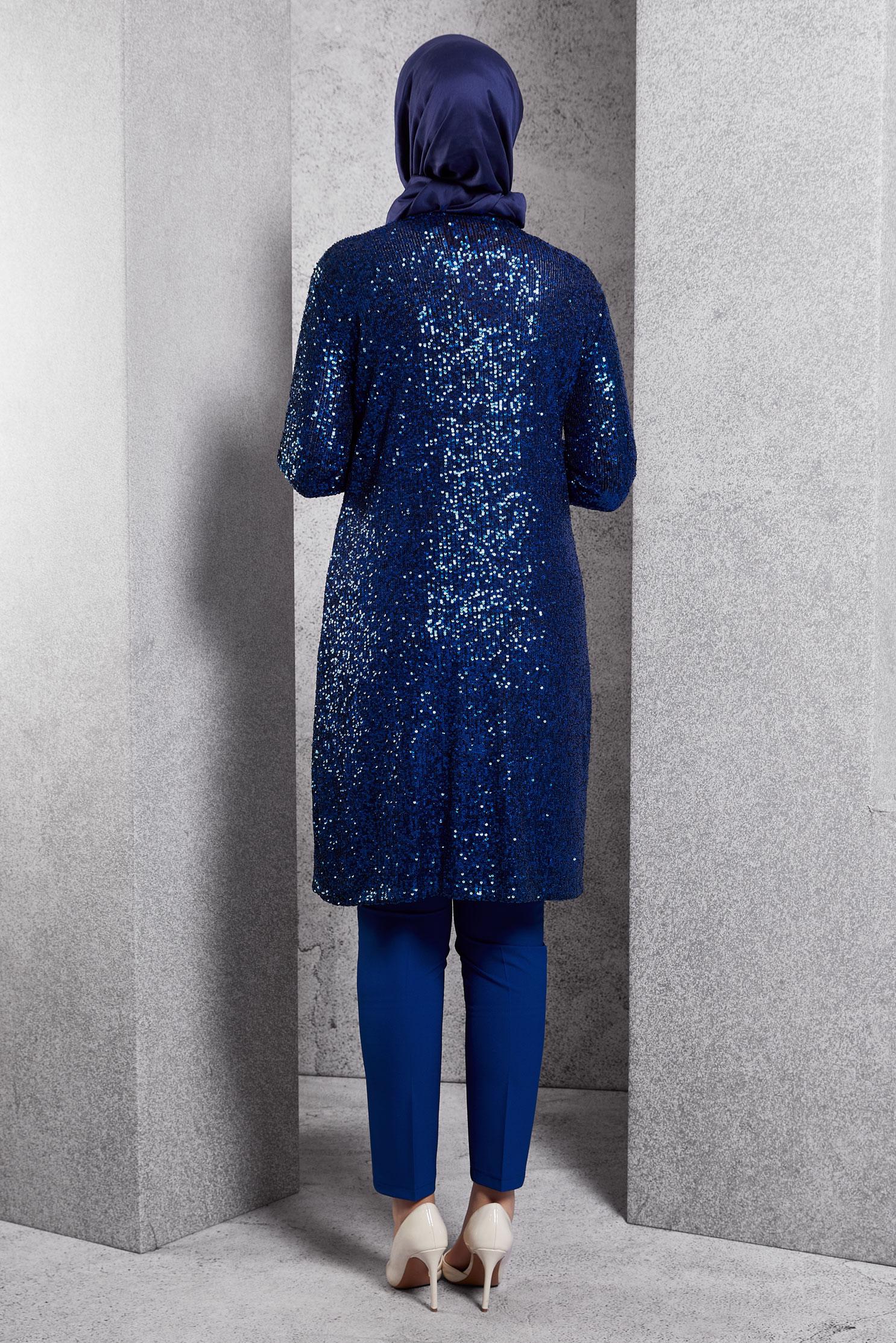 Tesettür giyim LACİVERT PUL PAYETLİ ÜÇLÜ PANTOLONLU TAKIM 3533