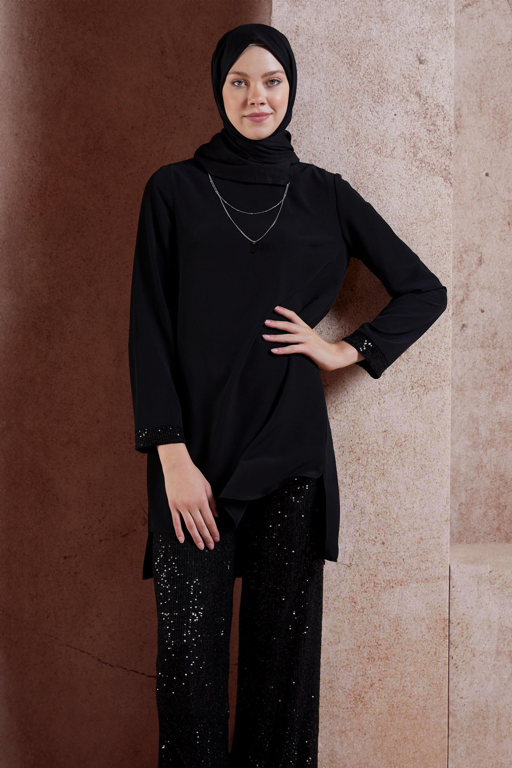 Tesettür giyim SİYAH PUL PAYETLİ PANTOLONLU TAKIM 3535