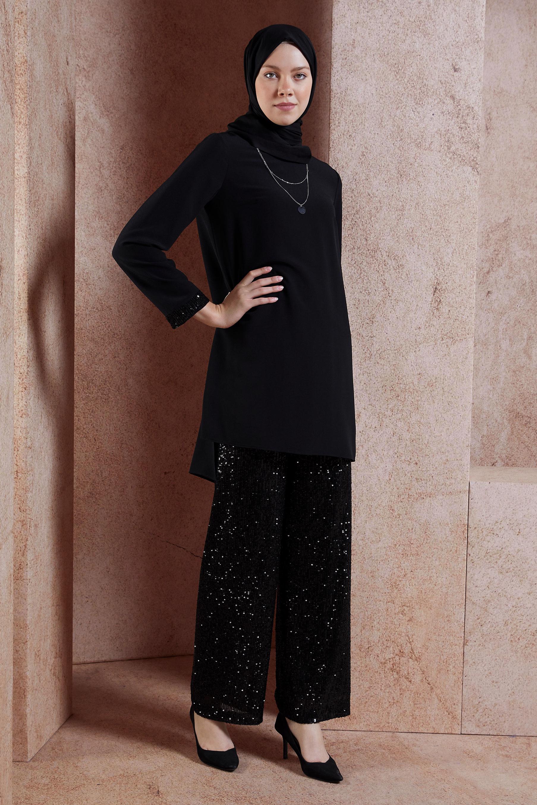 Tesettür giyim SİYAH PUL PAYETLİ PANTOLONLU TAKIM 3535