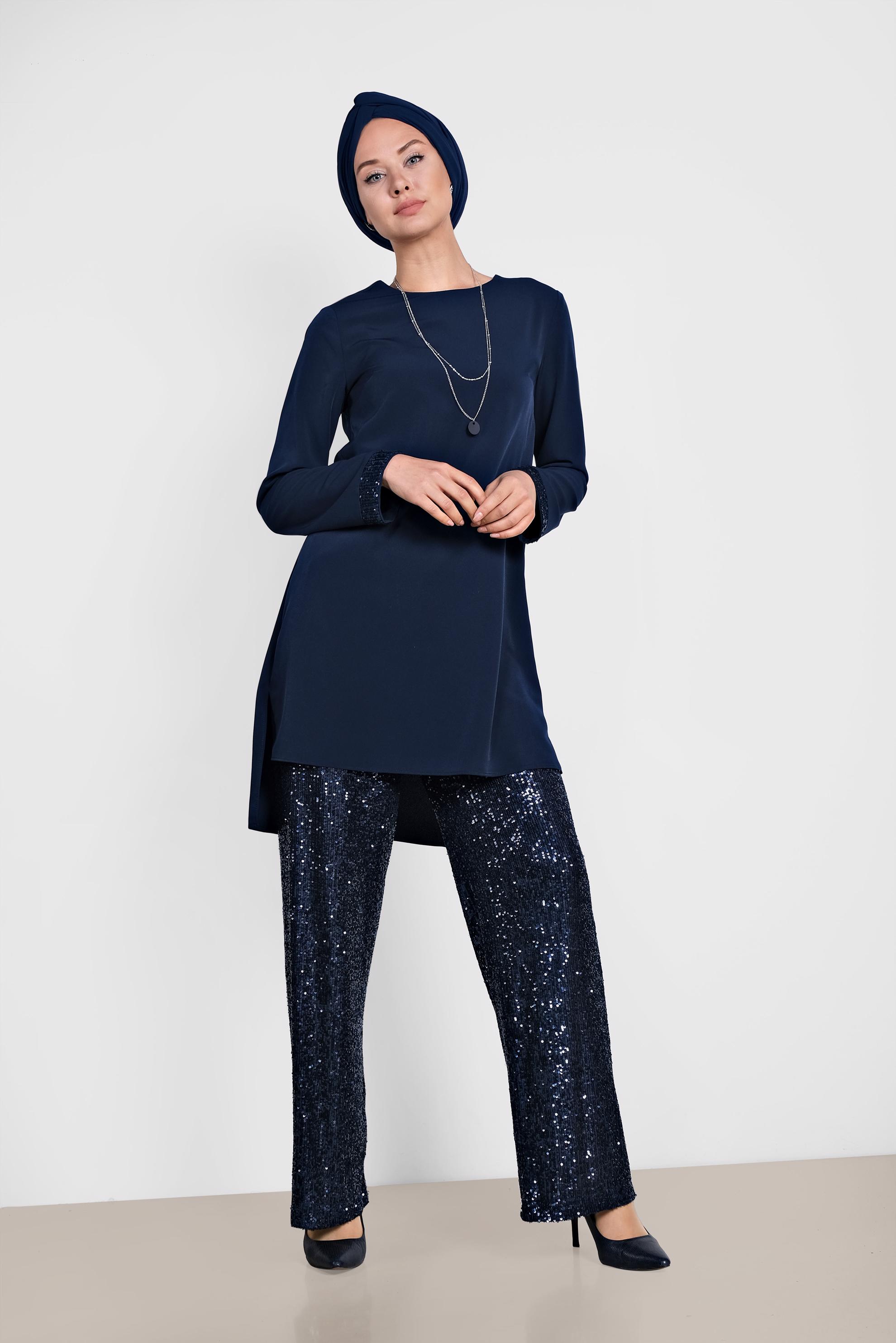 Tesettür giyim LACİVERT PUL PAYETLİ PANTOLONLU TAKIM 3535
