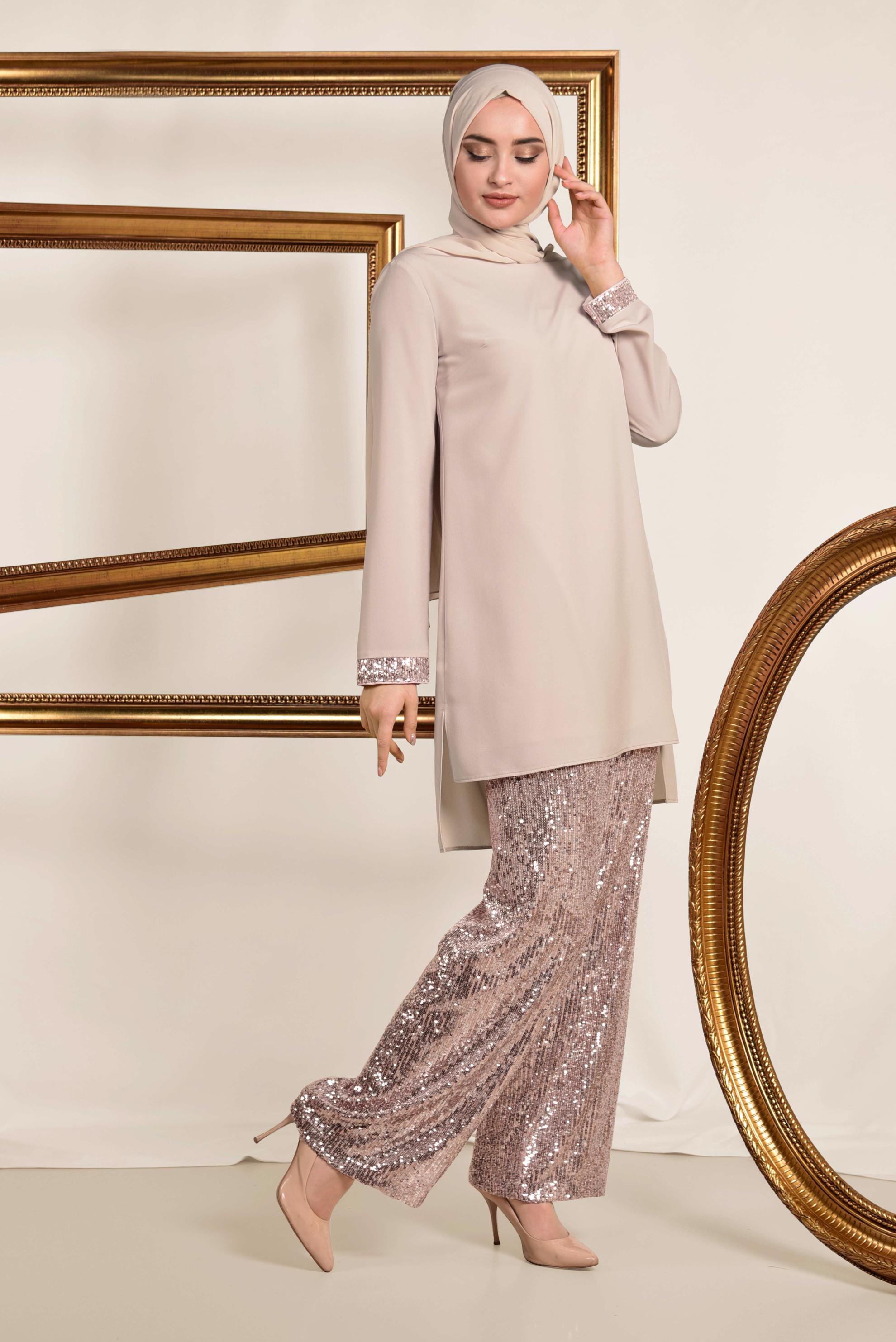 Tesettür giyim PUDRA PUL PAYETLİ PANTOLONLU TAKIM 3535