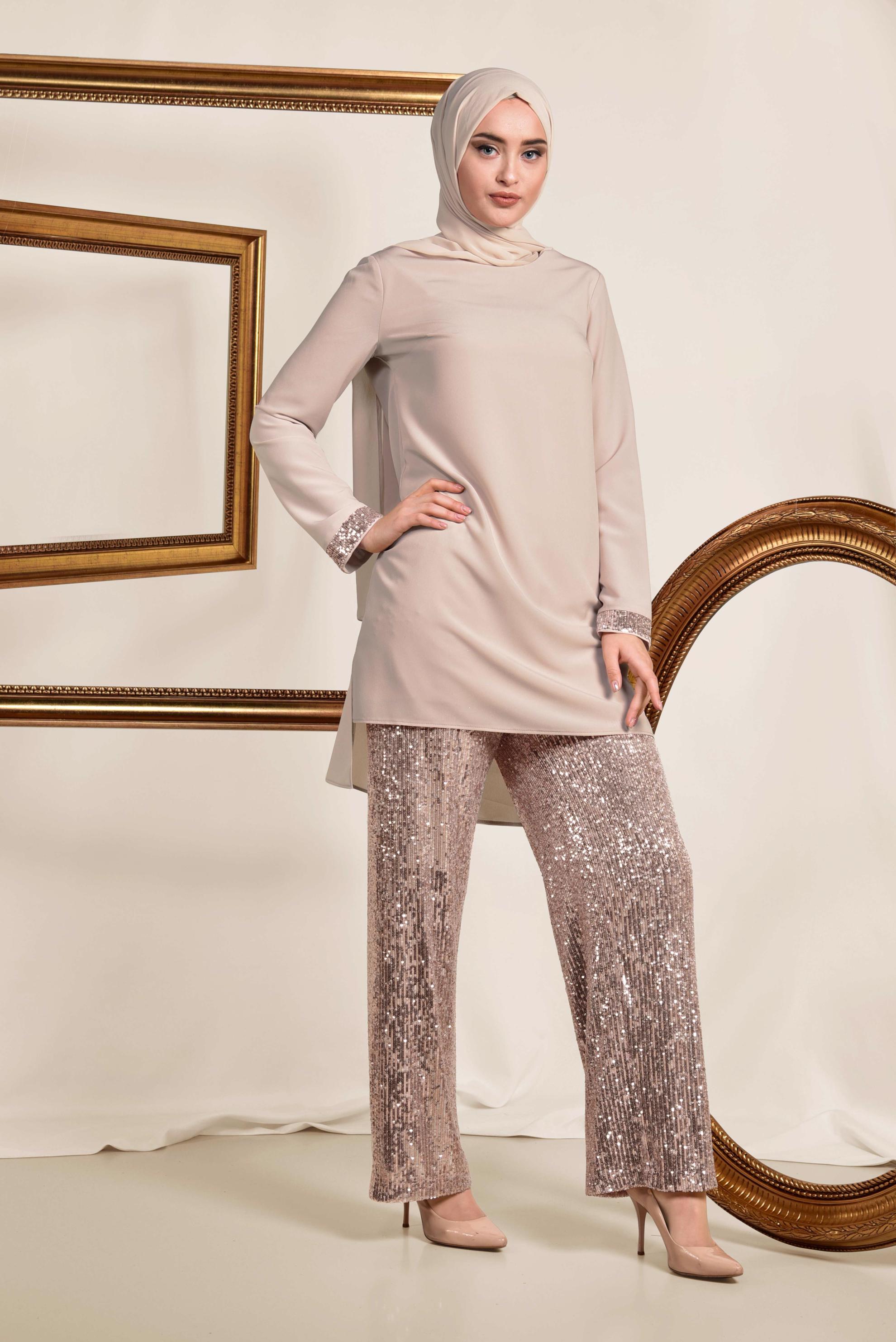 Tesettür giyim PUDRA PUL PAYETLİ PANTOLONLU TAKIM 3535